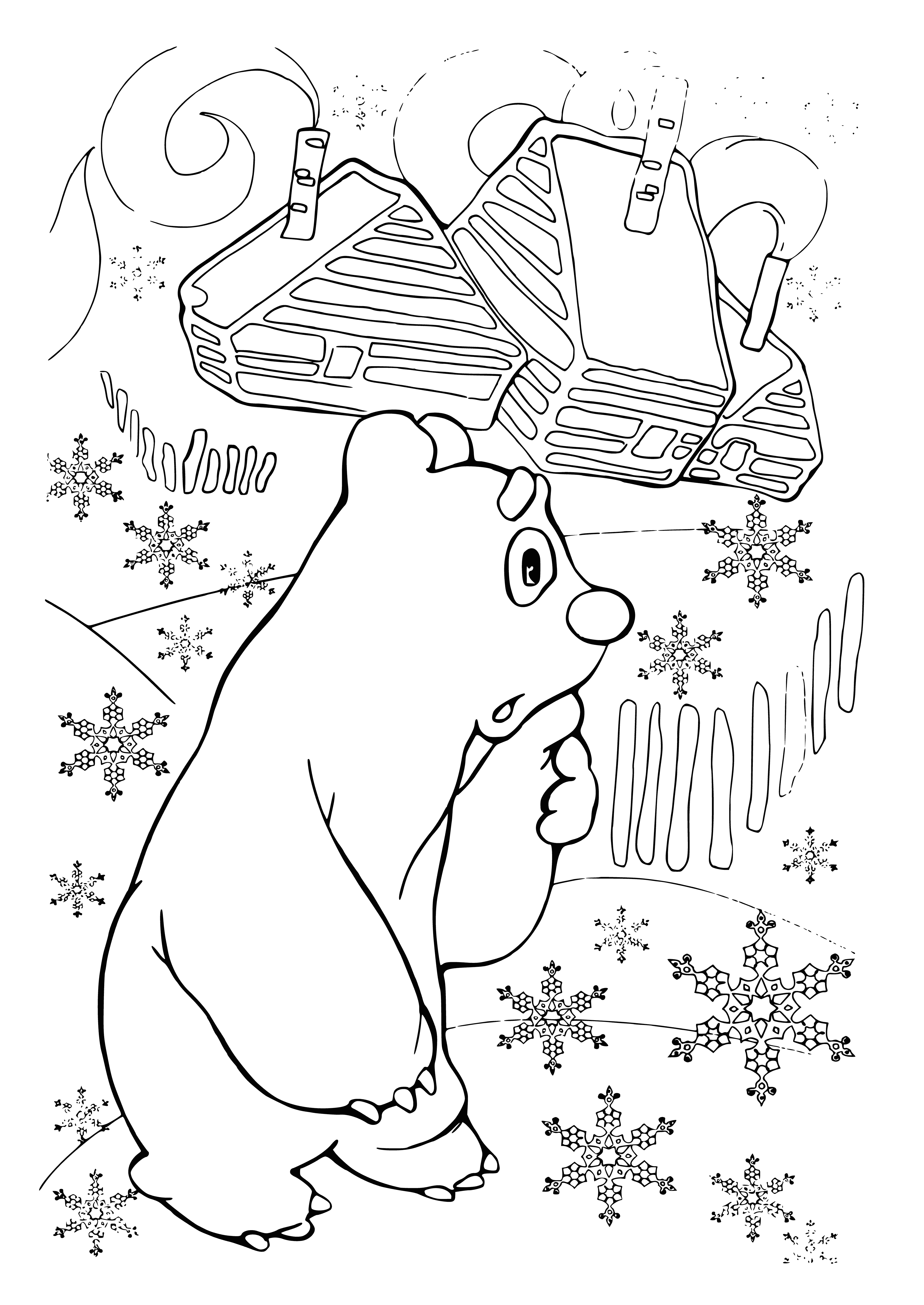 coloring page: A small white fluffy dog with blue eyes, wearing a red scarf, sits amidst evergreen trees in the snow.