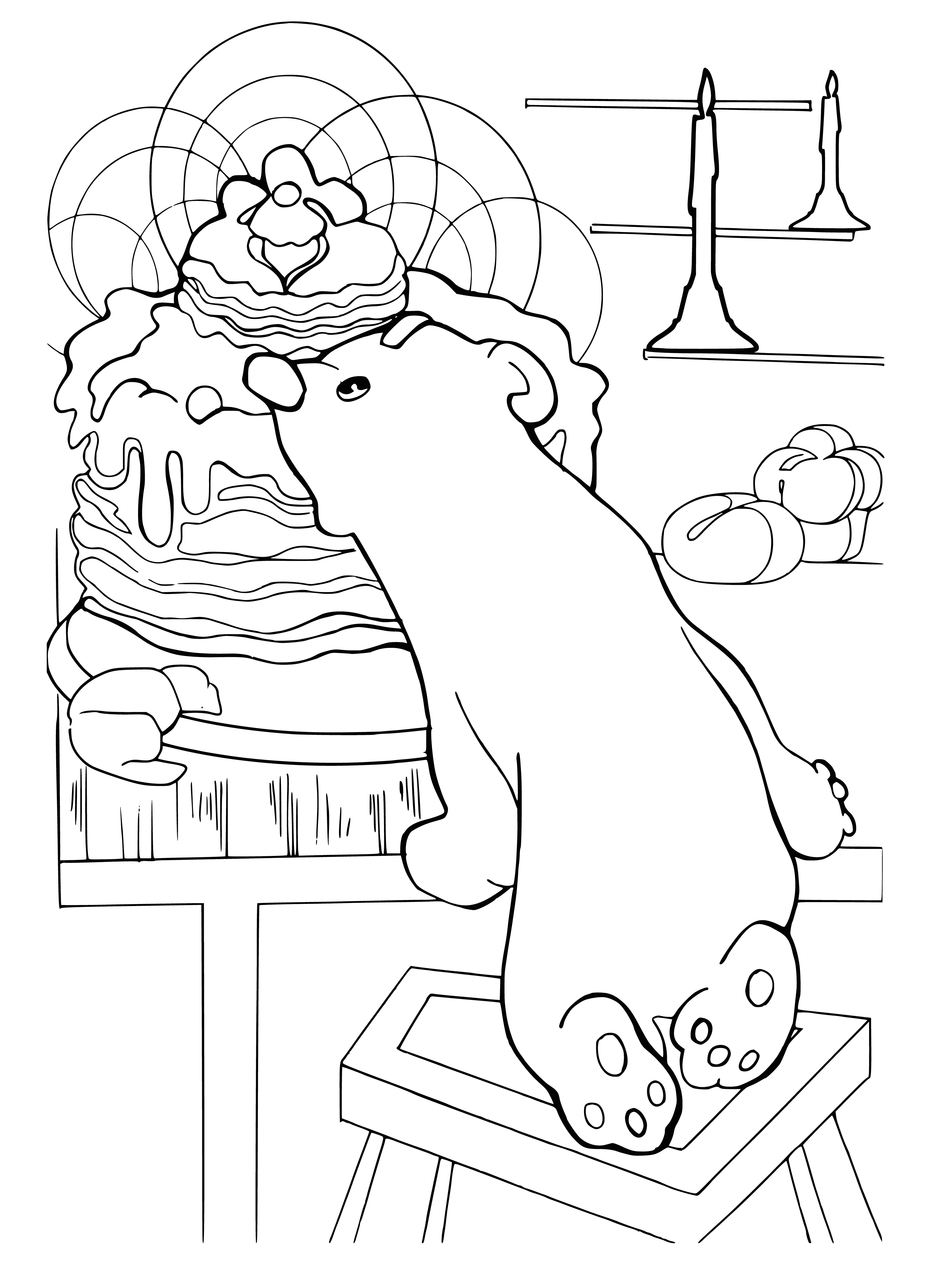 coloring page: Umka found a tasty cake on a plate with a fork, ready to eat!
