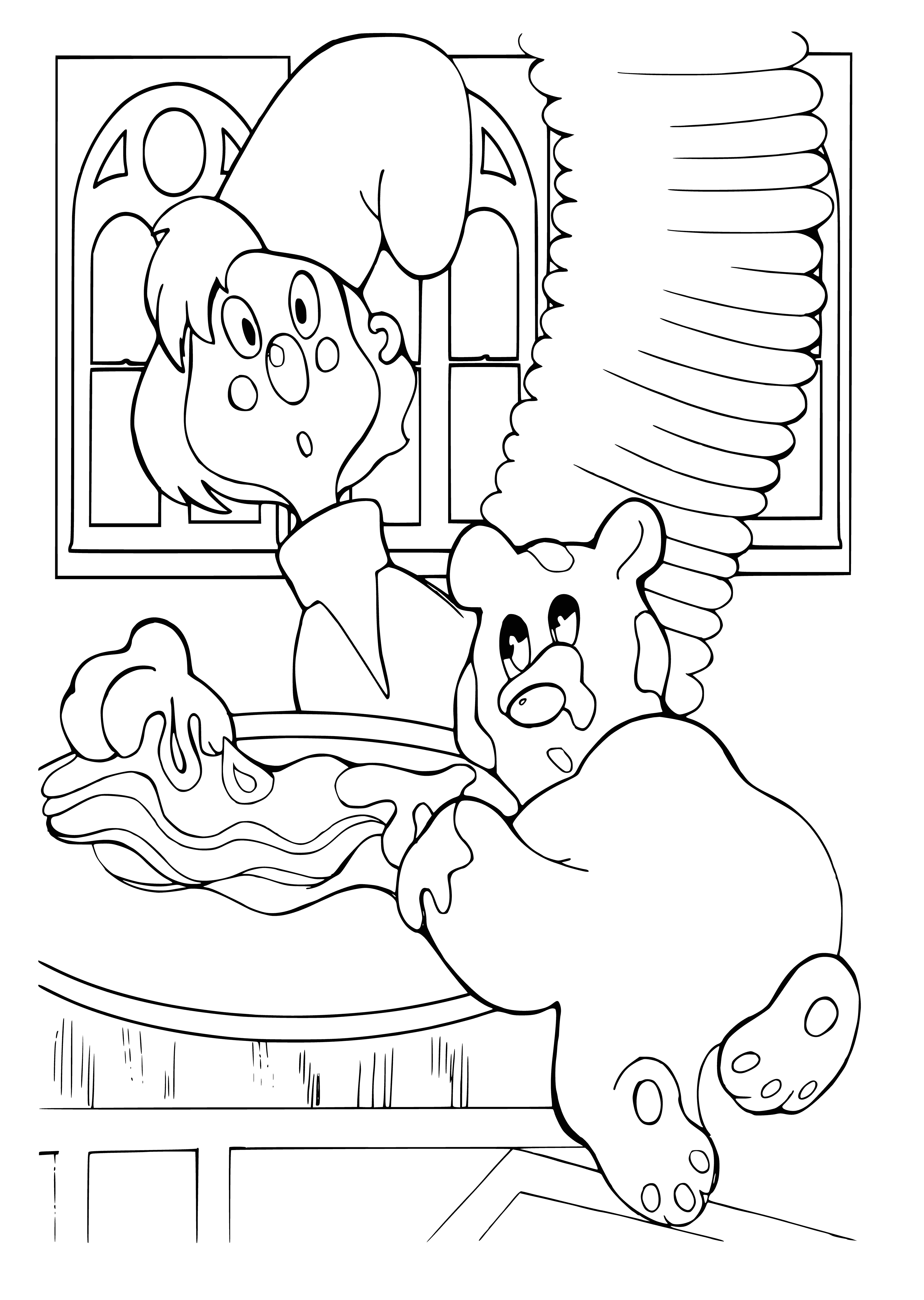 coloring page: Dark-haired woman in white apron and blue dress stirring pot on stove with wooden spoon. #kitchenlife