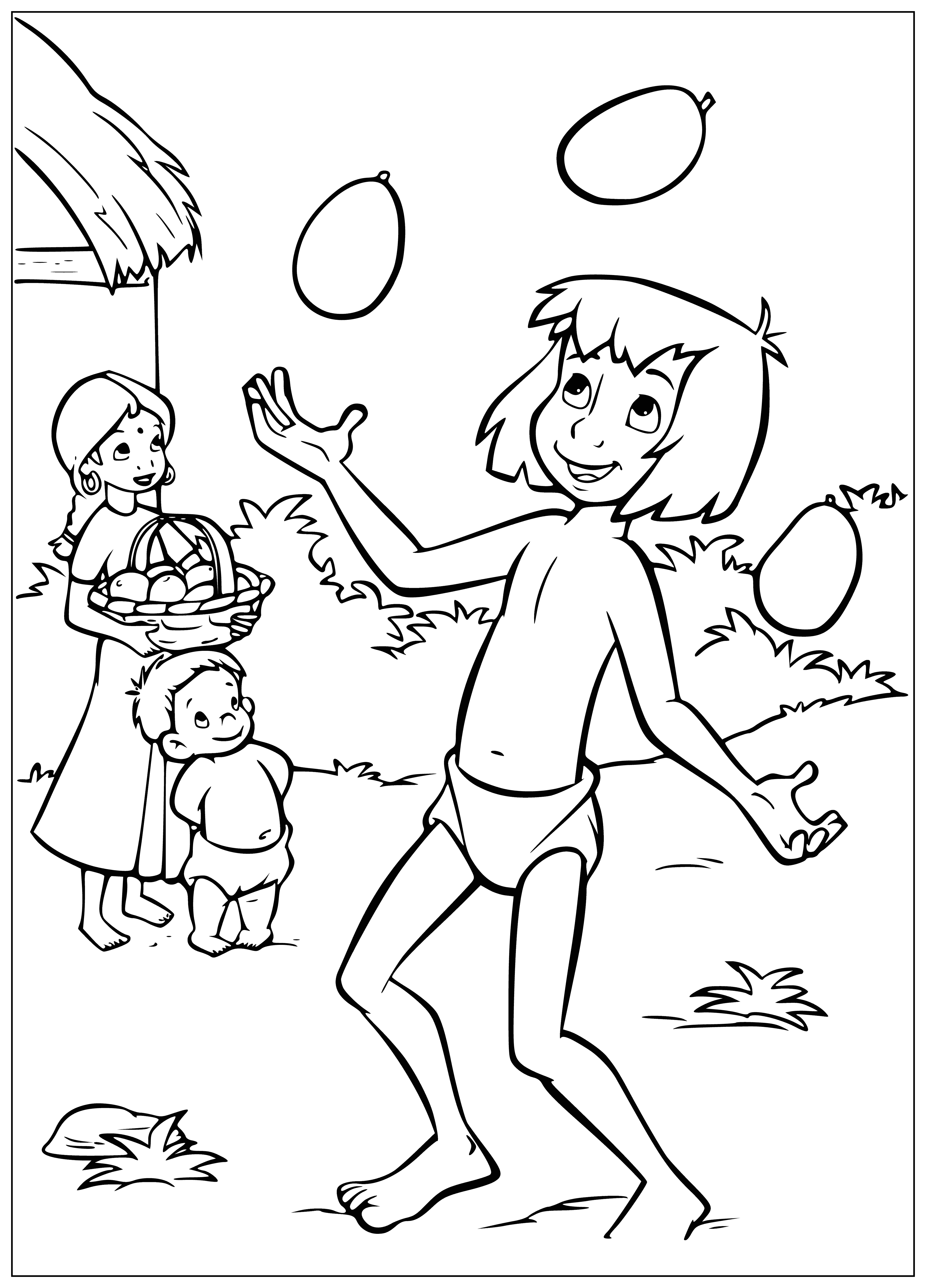coloring page: Mowgli juggles barefoot in a wild jungle setting, wearing a loincloth with a knife and intense eyes.