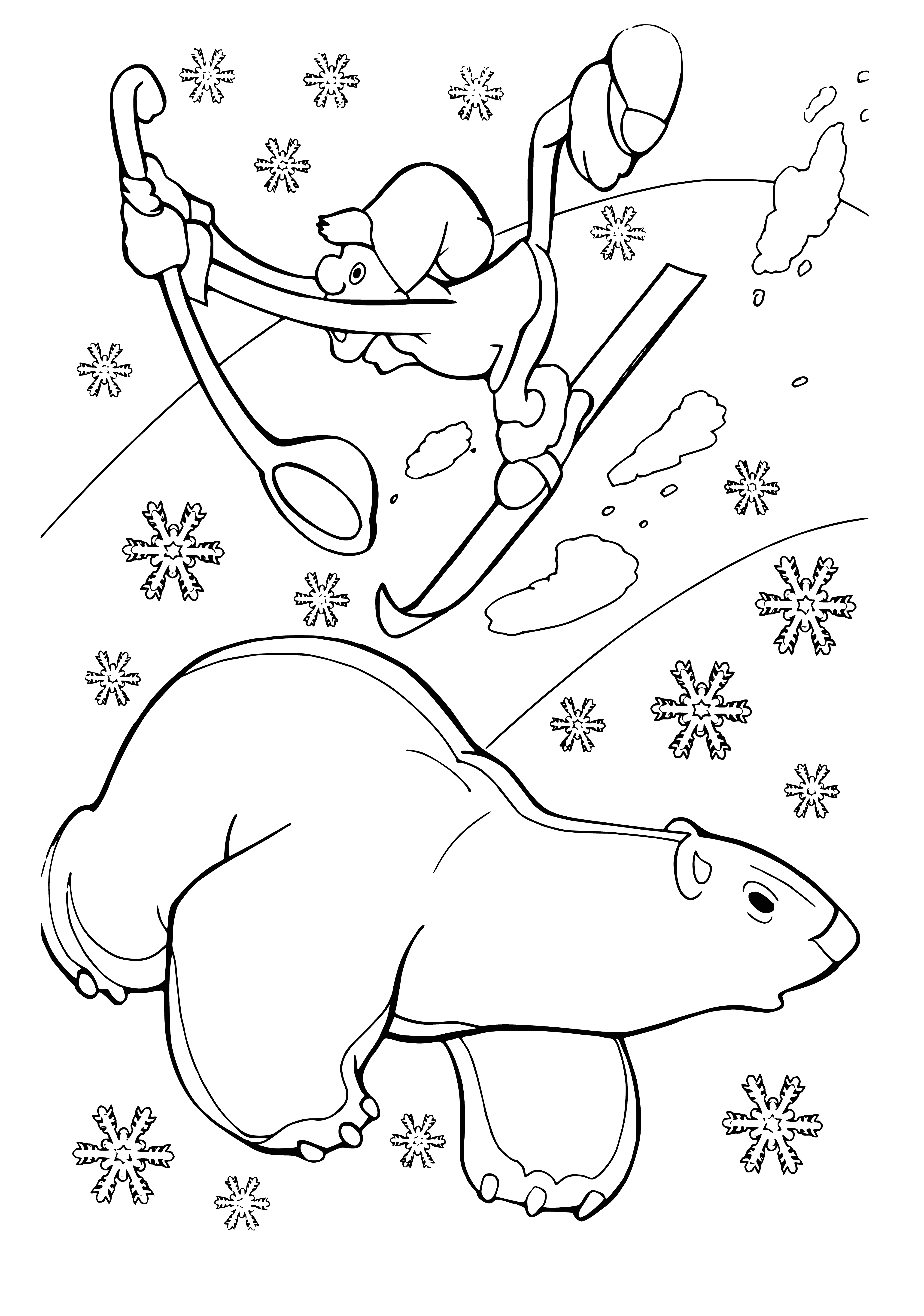 coloring page: Mother bear & cub play in meadow, both happy & enjoying each other’s company. Mother large & brown, cub small & brown.
