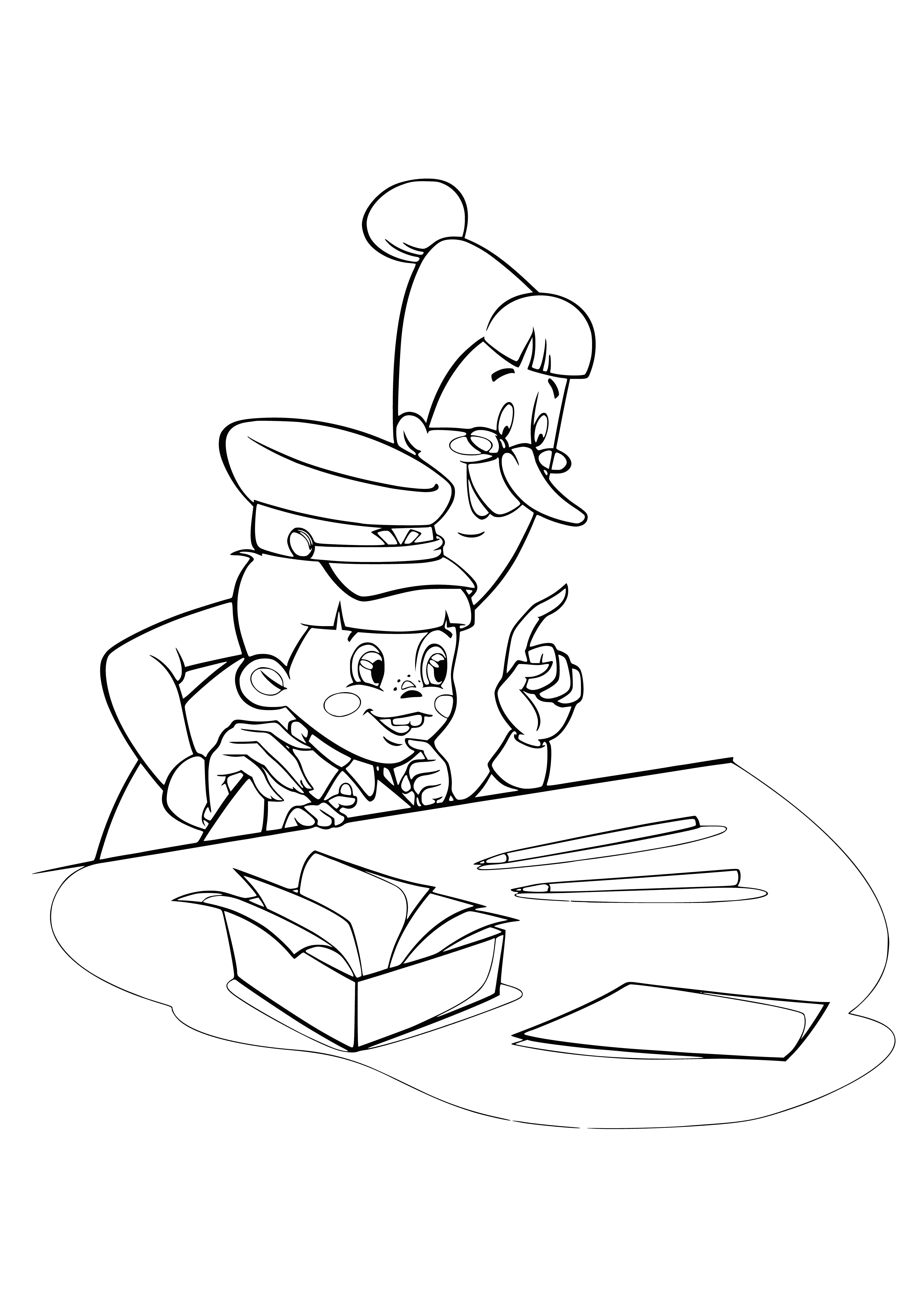 coloring page: Vovka finds himself deep in a book in a distant kingdom's library, pencil in hand.