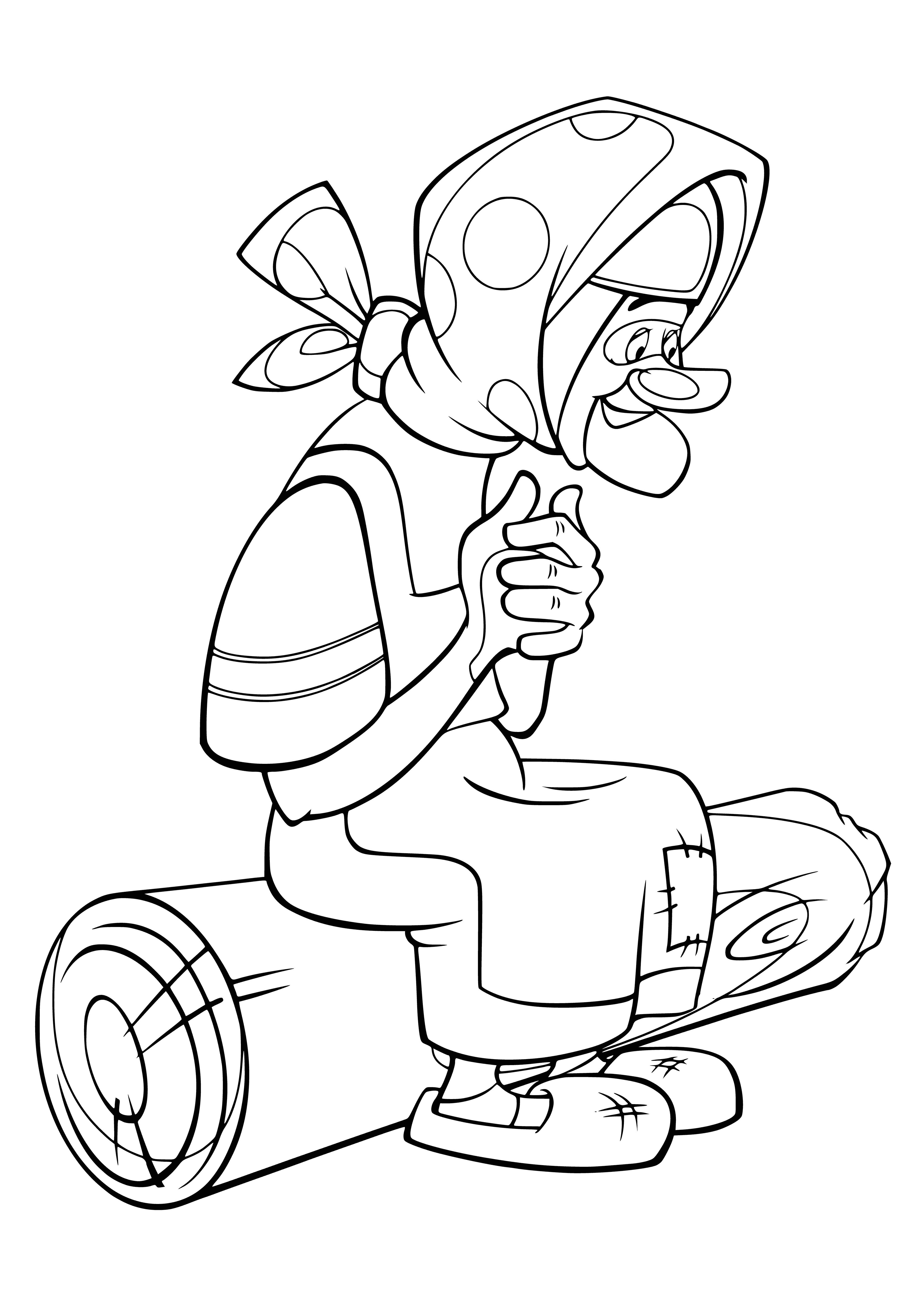 coloring page: Old woman stirs soup in dark room; wearing tattered dress & scarf on head.