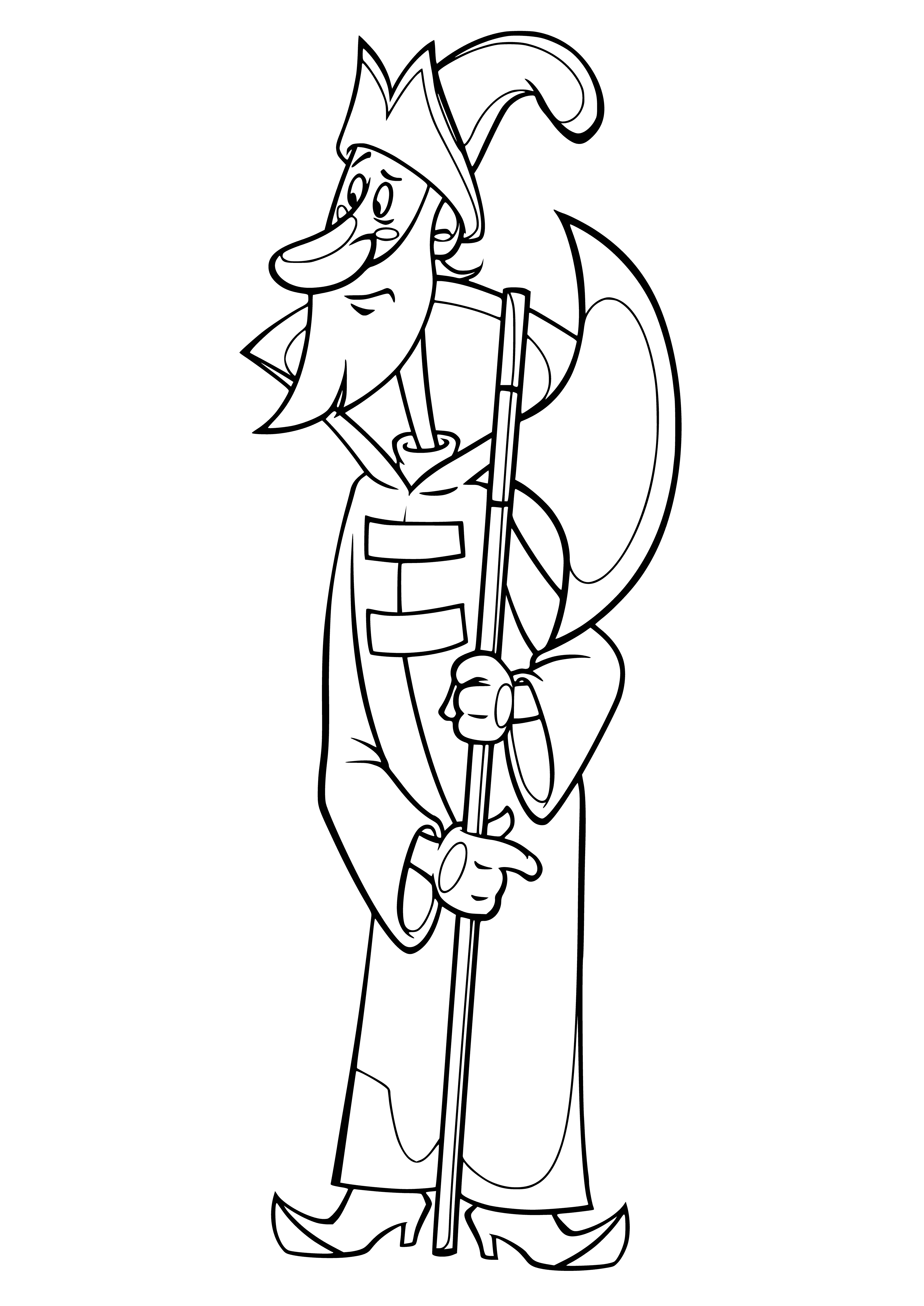 coloring page: Vovka guards kingdom entrance; large, furry creat. Has pointed nose and ears, bright blue eyes. Red collar with gold badge in center.