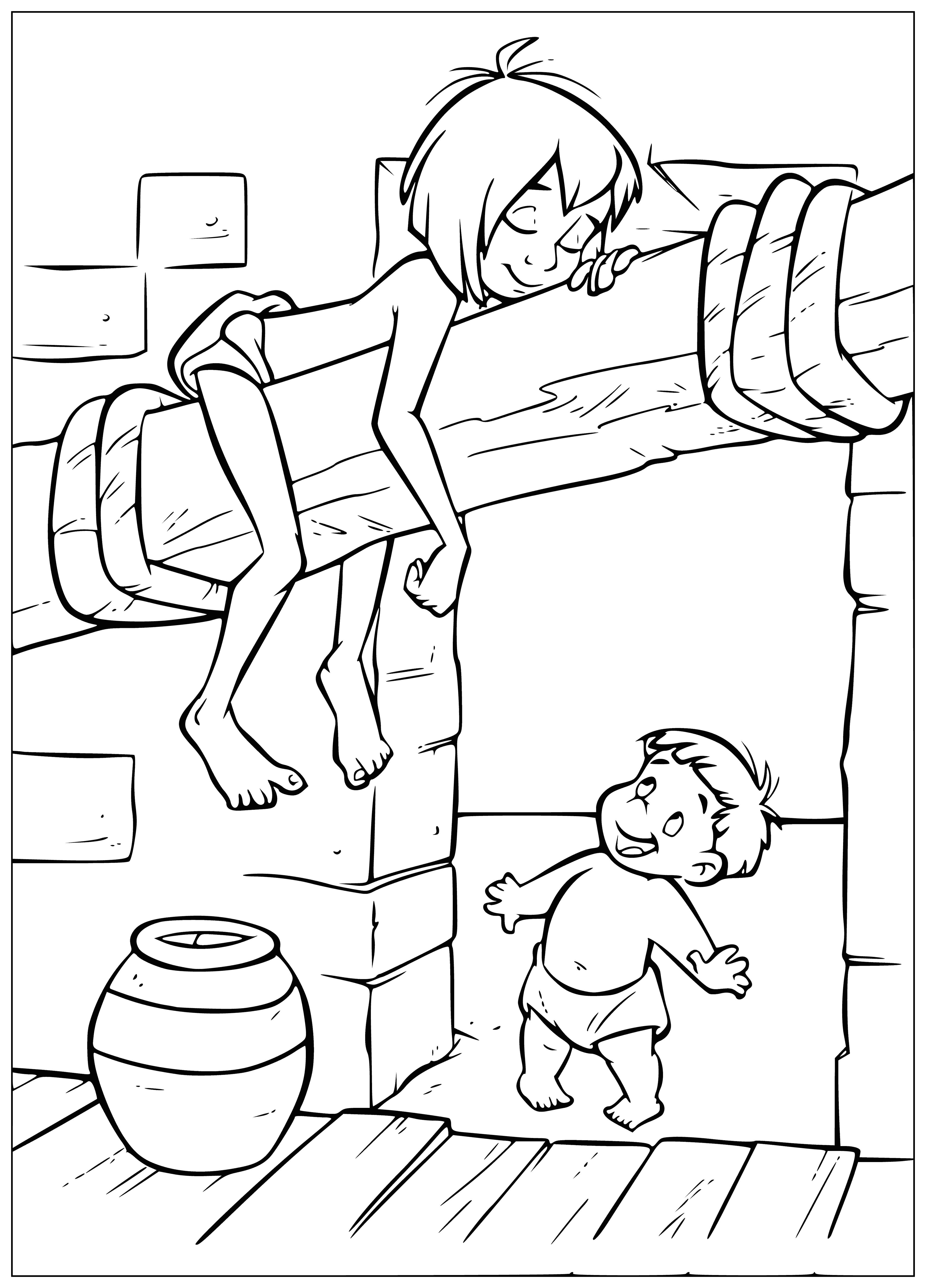 coloring page: Boy in jungle plays with baby: dark hair, loincloth, smiling on ground.