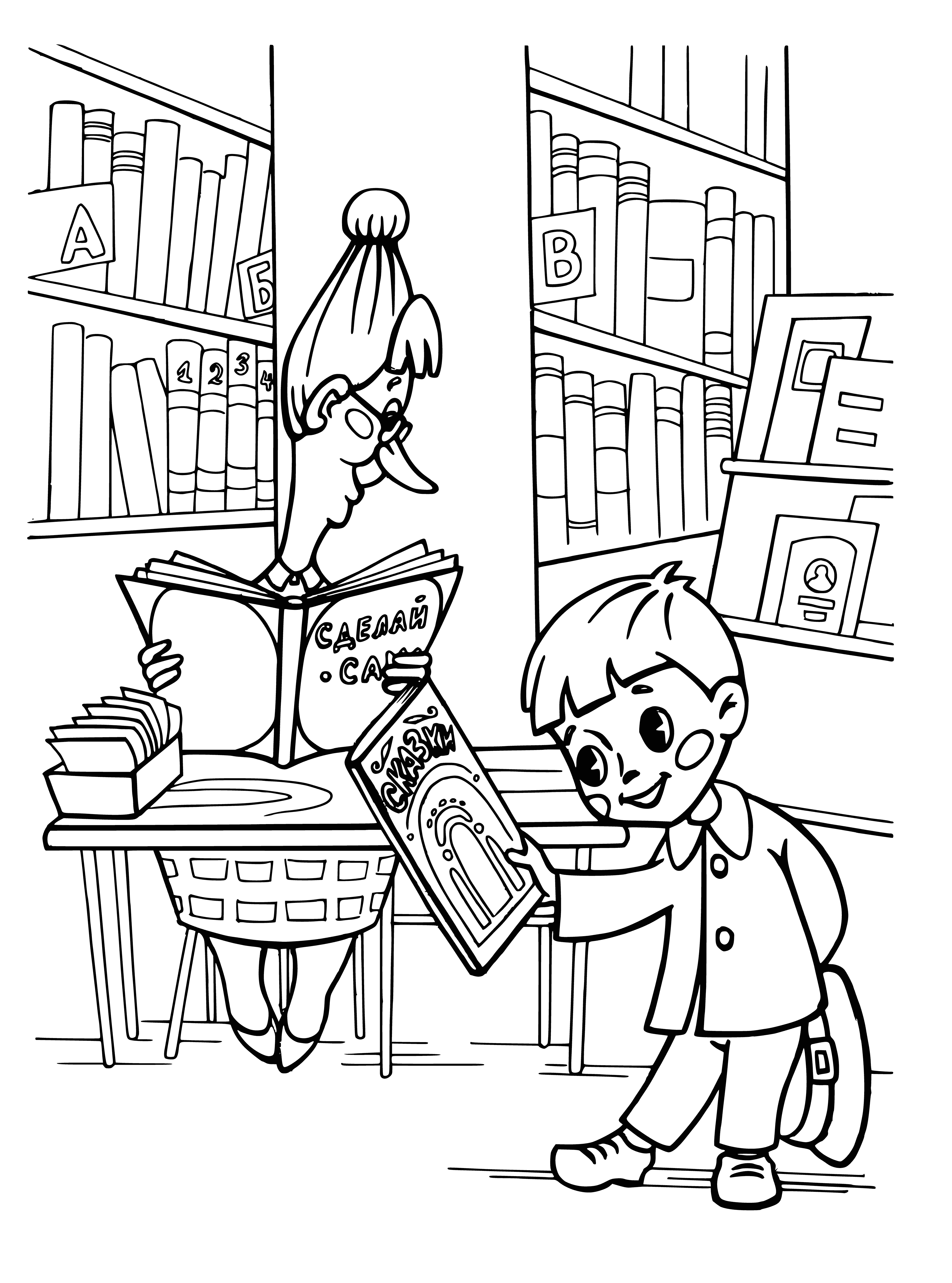 coloring page: Girl with blonde hair in a library, surrounded by books, wearing white dress and blue scarf, looking content.