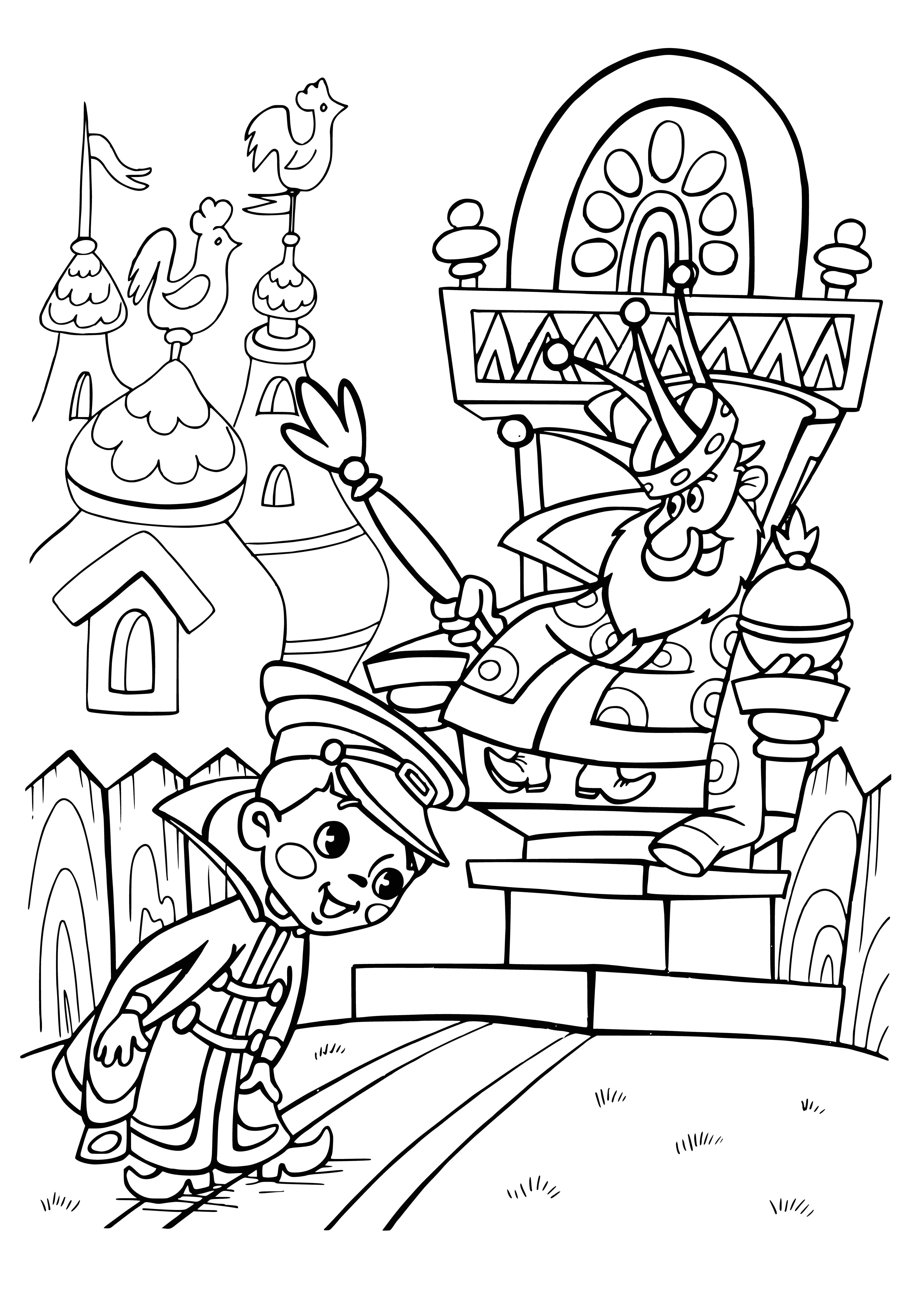 coloring page: King on throne with sceptre, wearing purple and crown. Sitting on golden chair.
