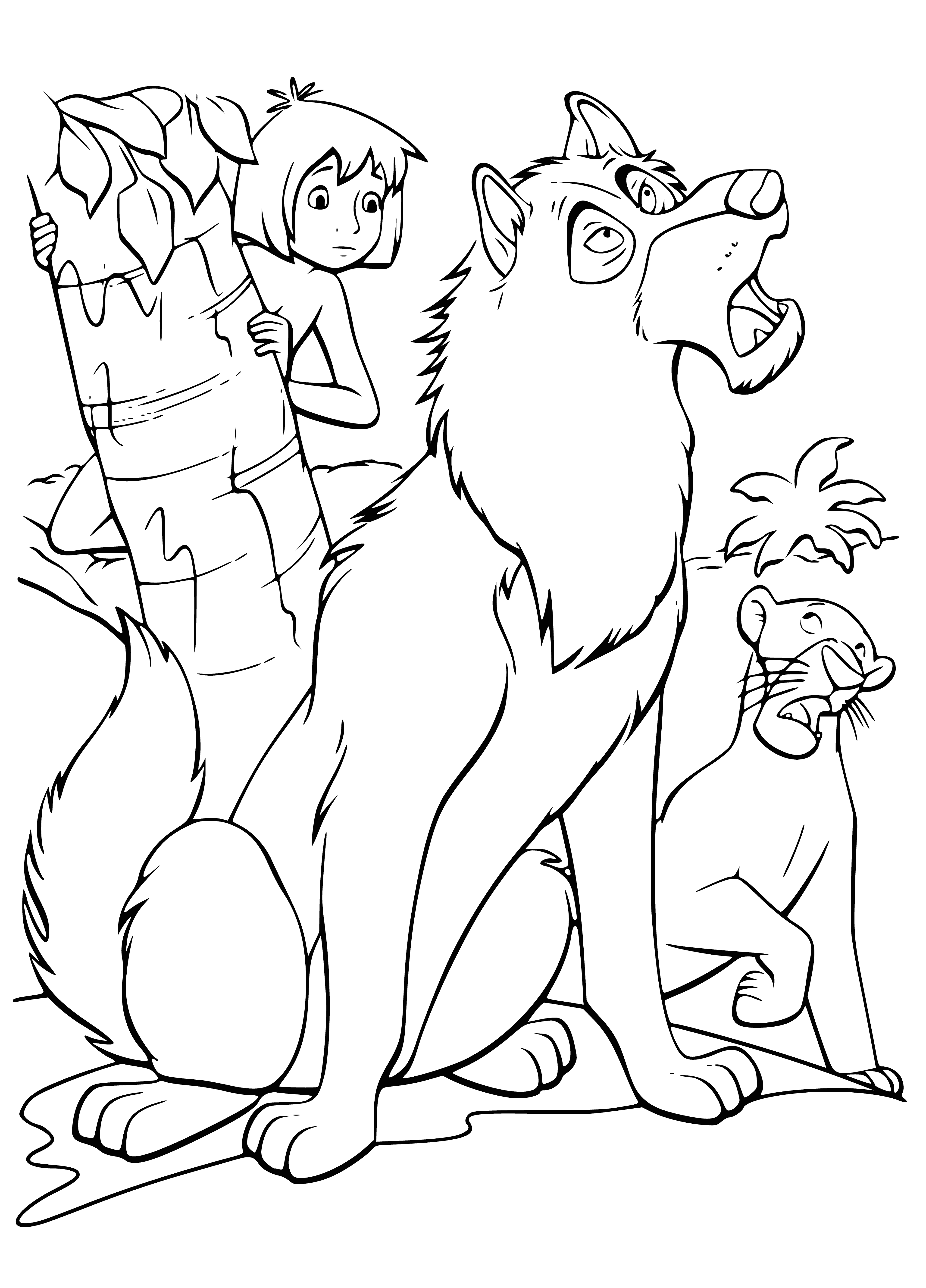 coloring page: Boy cuddles wolf: boy happy, wolf happy.