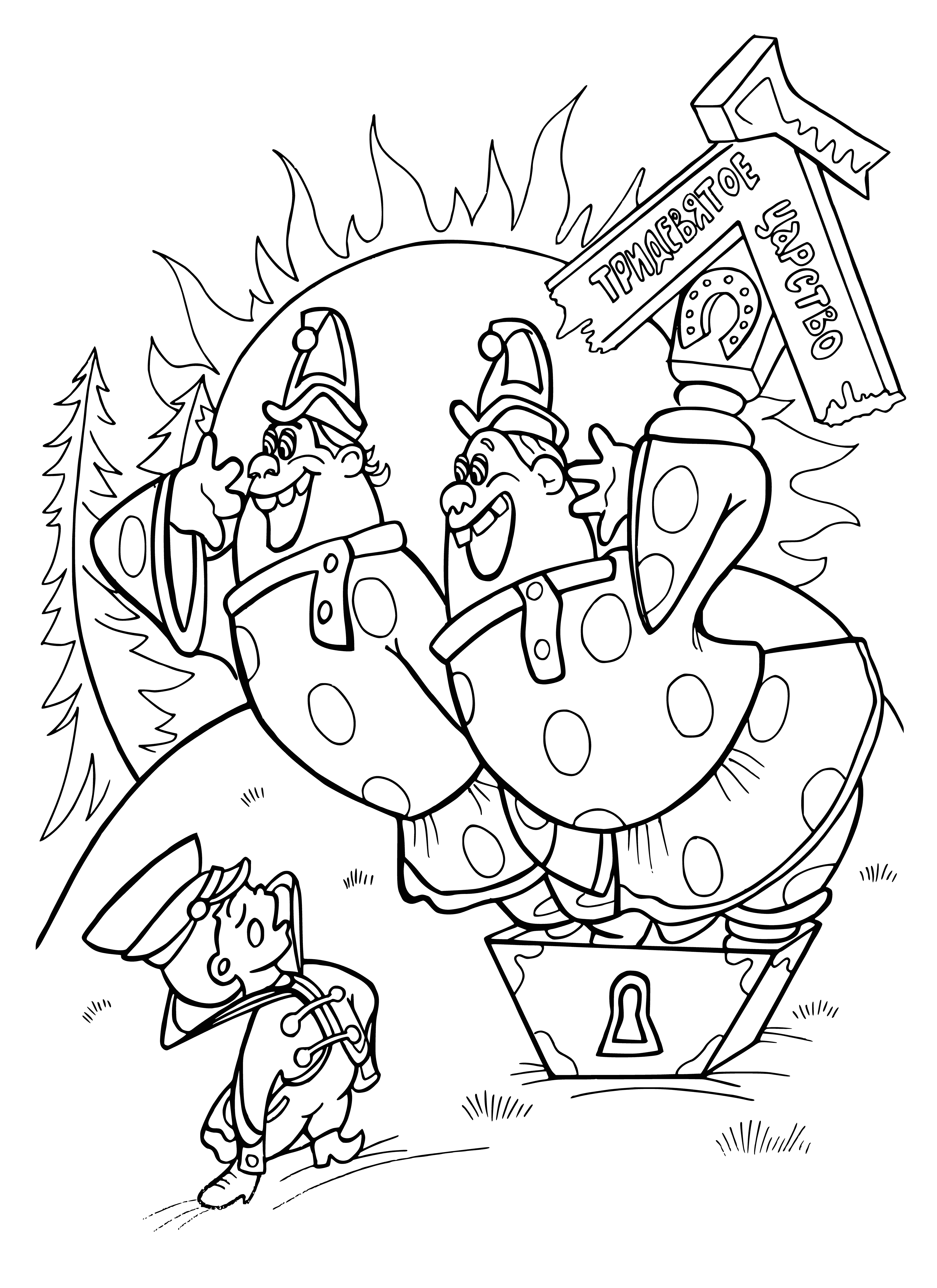 coloring page: Two people in traditional Vovka clothing stand in front of a large casket. She wears a floral dress & he has a geometric-designed tunic. Dark hair & olive skin complete the coloring page.