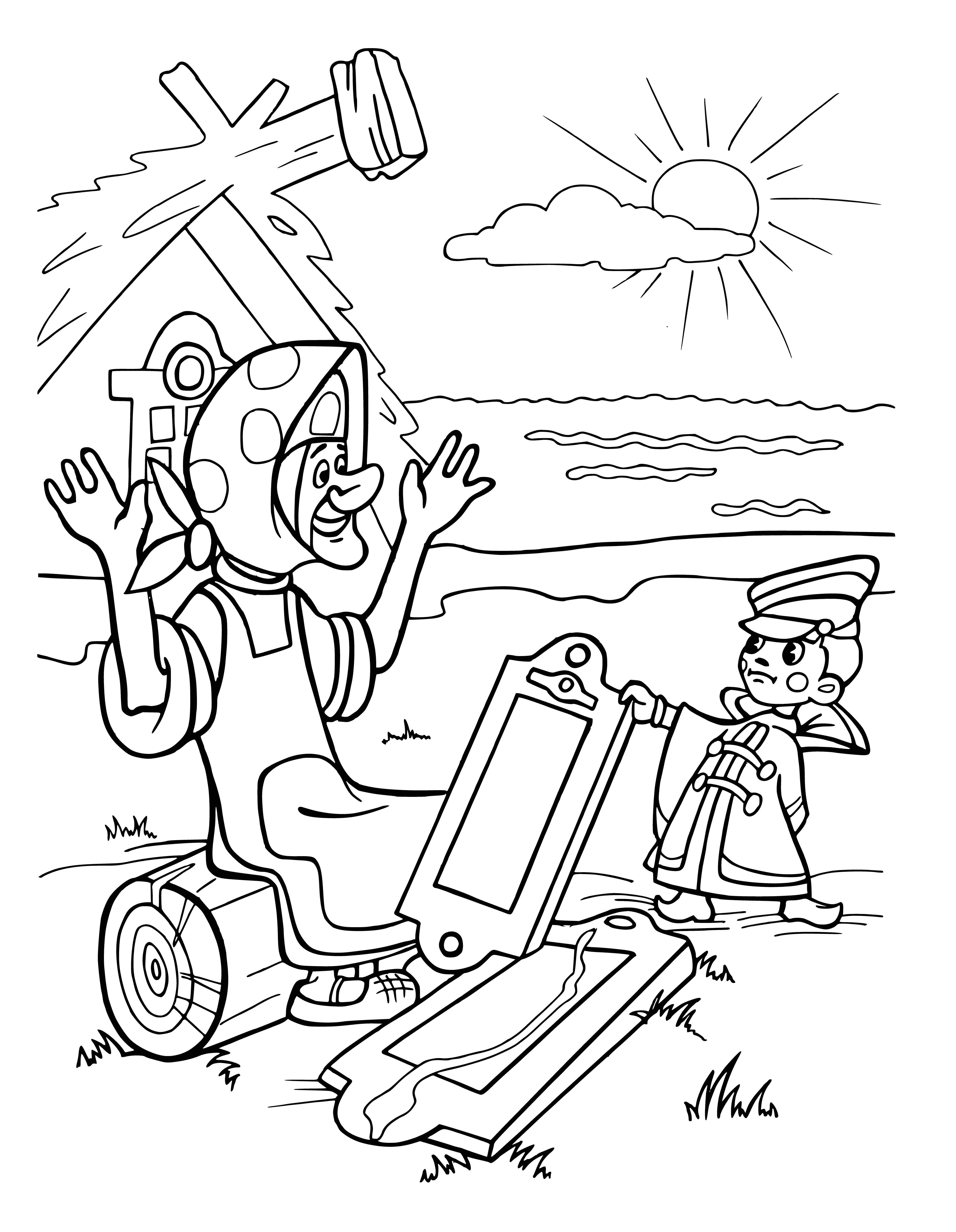 coloring page: A small white creature with black eyes, a long tail, quickly crossing the kingdom: a Vovka in the distance, beyond the New Trough.