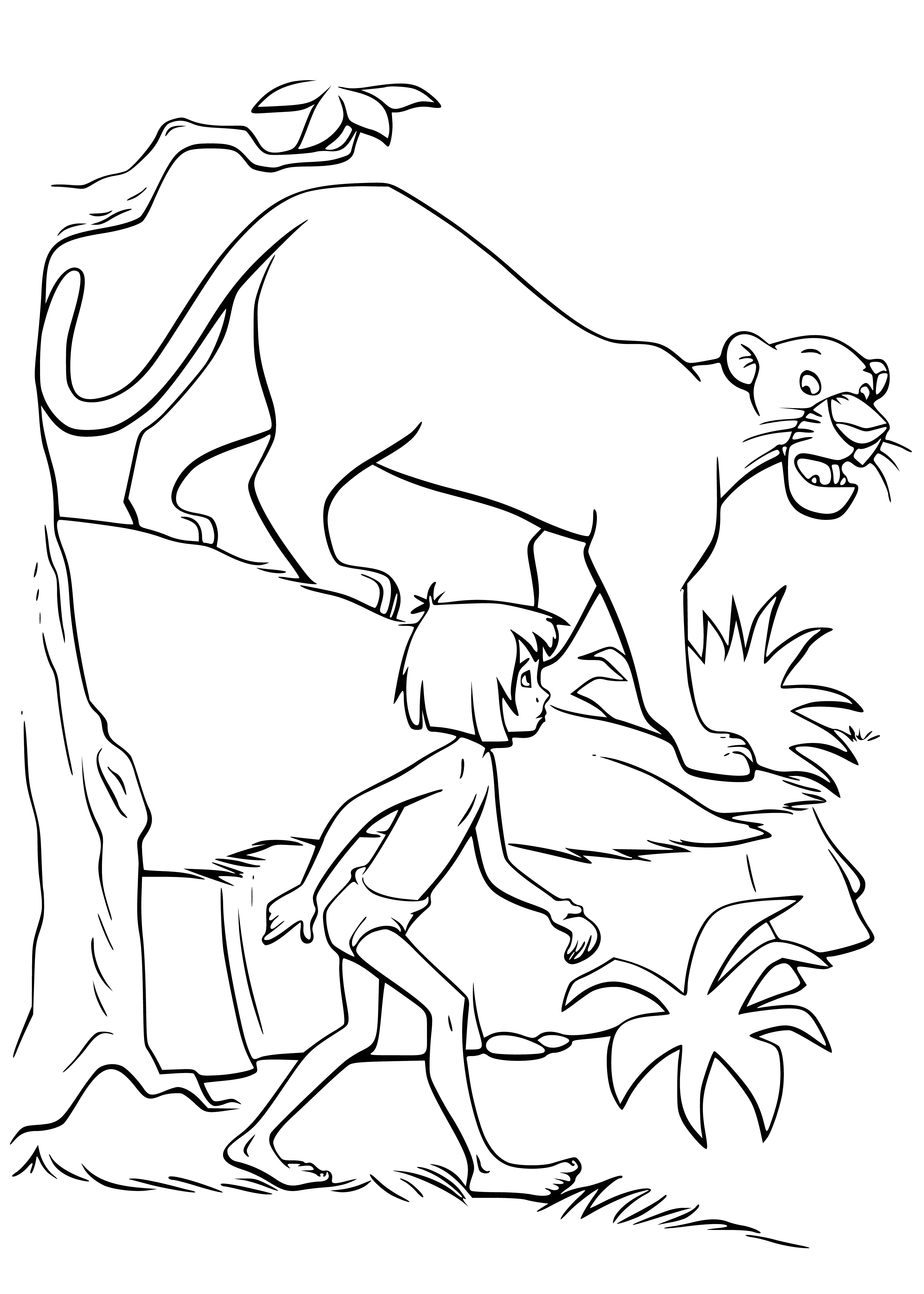 coloring page: Boy is standing on left, tiger stalking on right; scene is set for suspenseful showdown! #coloringpage #tree #jungle #boy #tiger