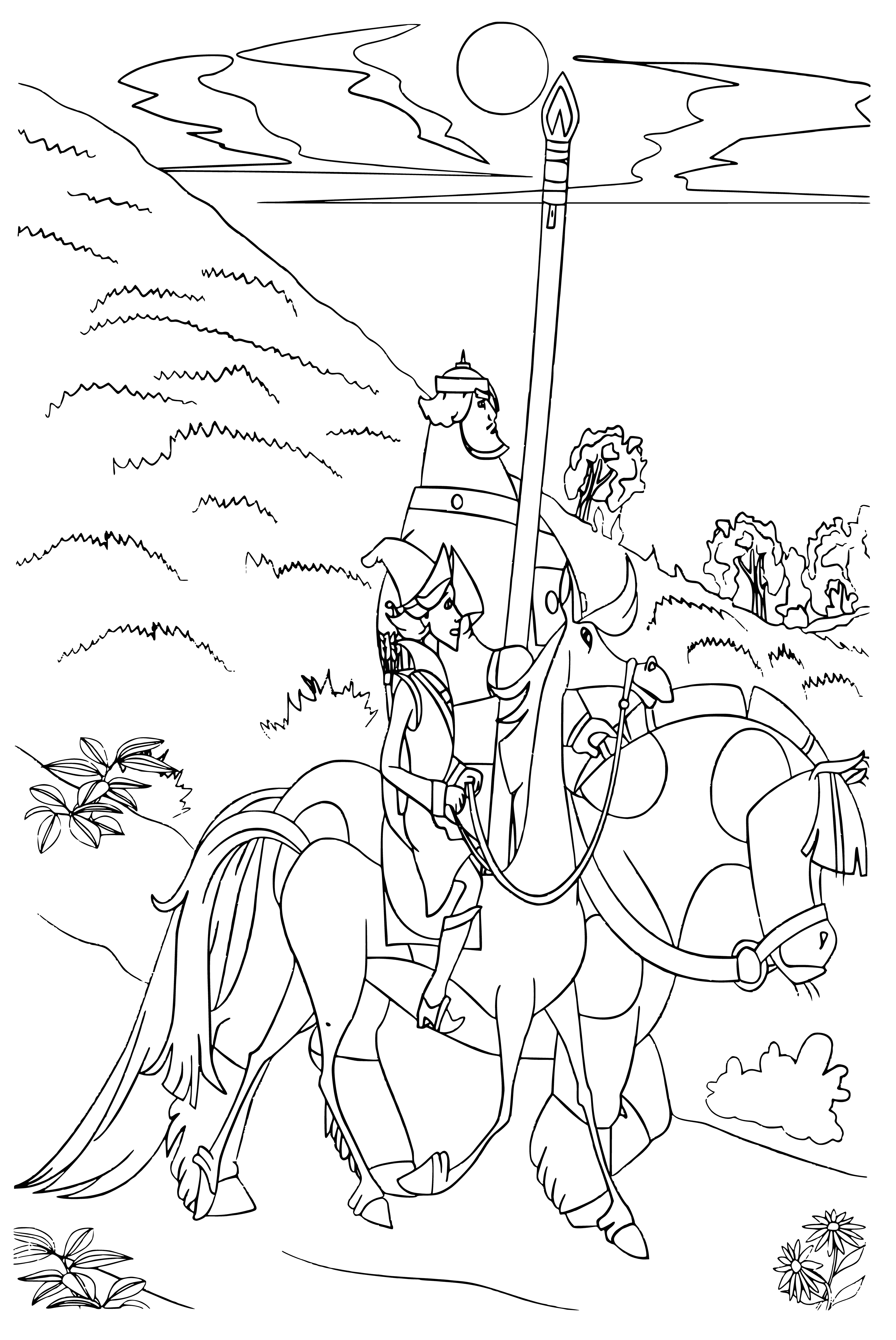 coloring page: Dobrynya Nikitich stands atop a hill, sword in hand, looking down upon the 3-headed Gorynych, surrounded by fire.