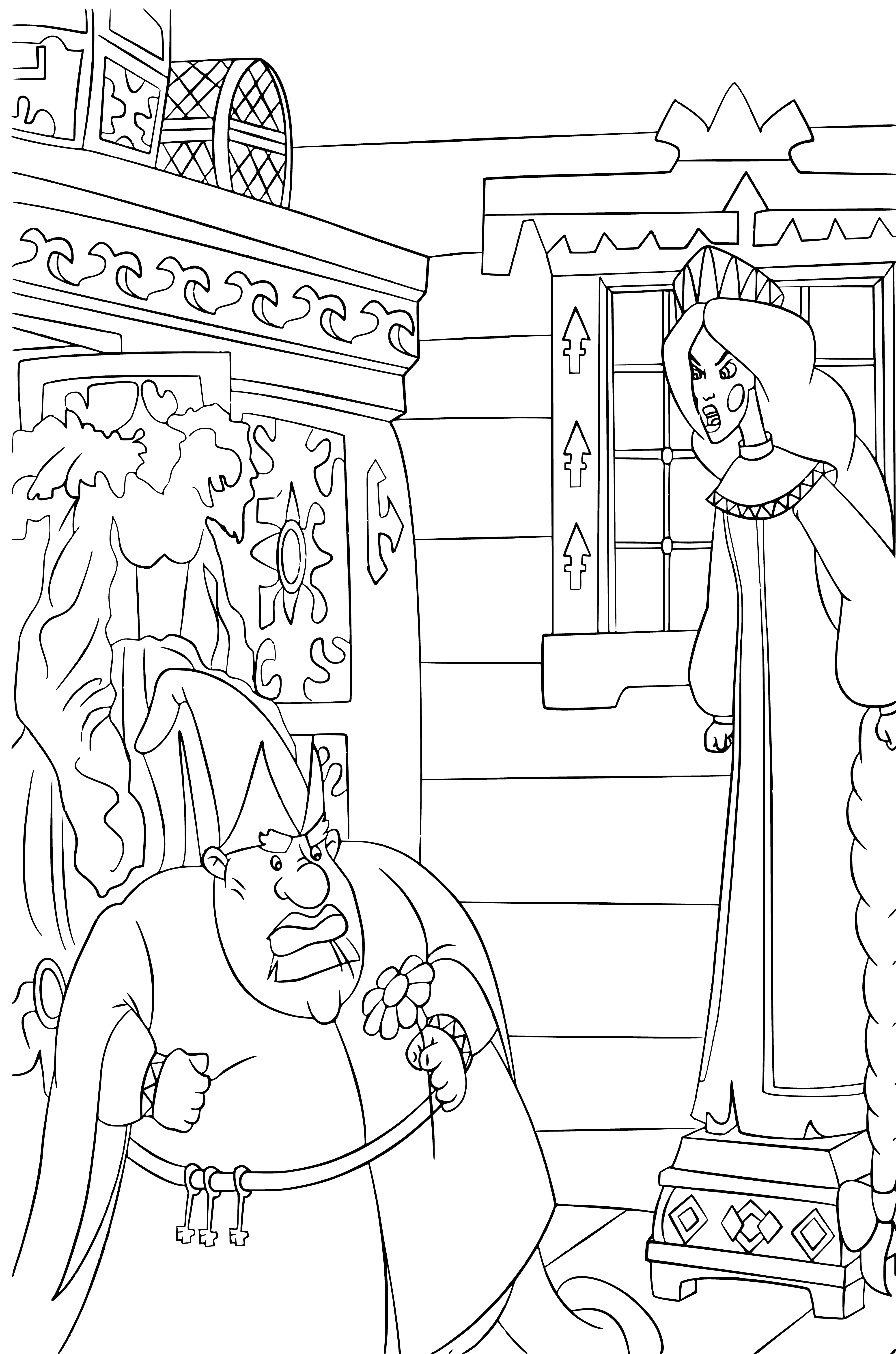 coloring page: Two men battle a giant snake, Dobrynya Nikitich on the snake, Serpent Gorynych on a stool wielding swords.