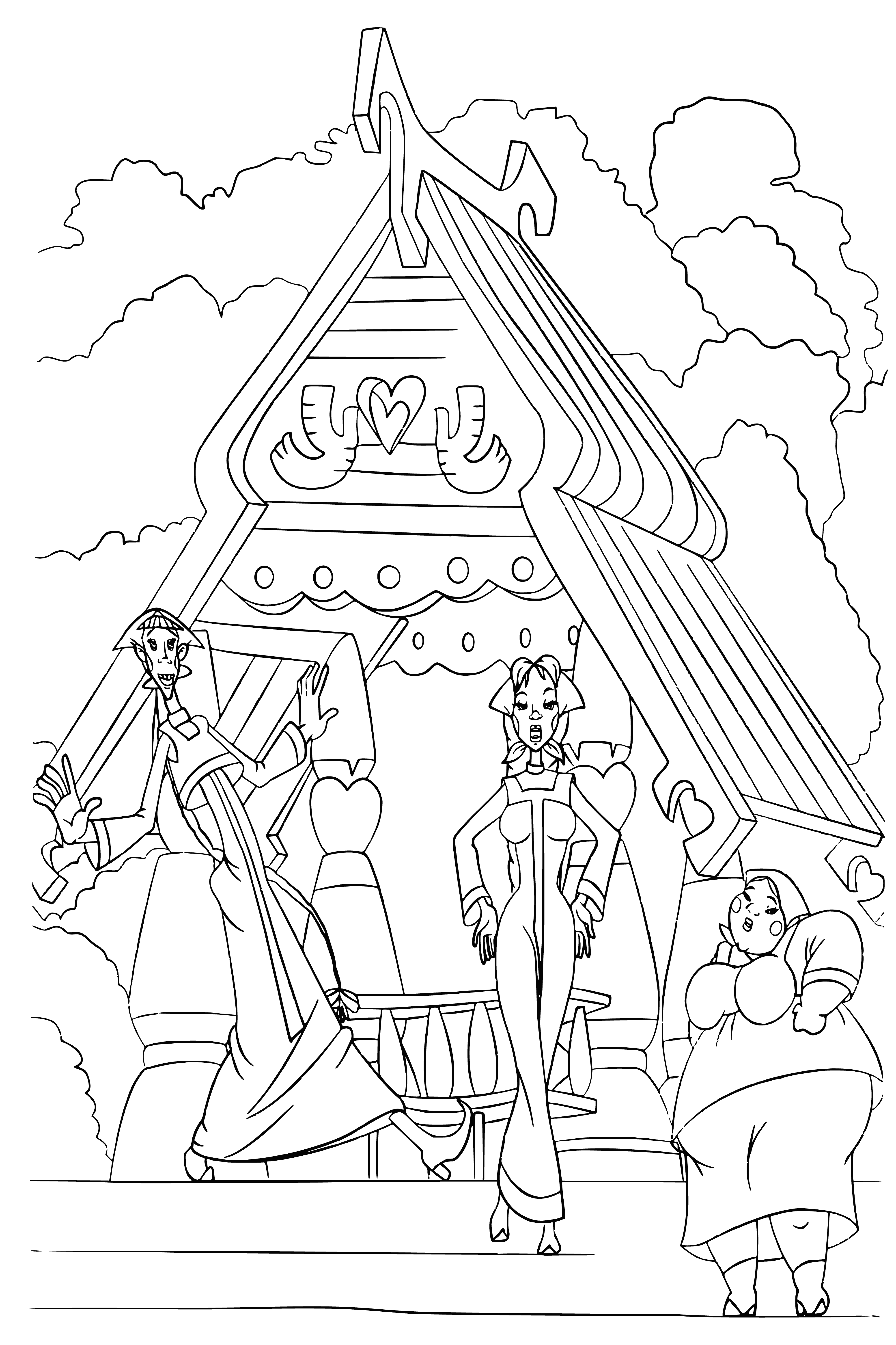 coloring page: 3 girls in white dresses, hair in long braids, each holding a flower. A large serpent is coiled around a tree in the background. Appears to be dancing/playing.