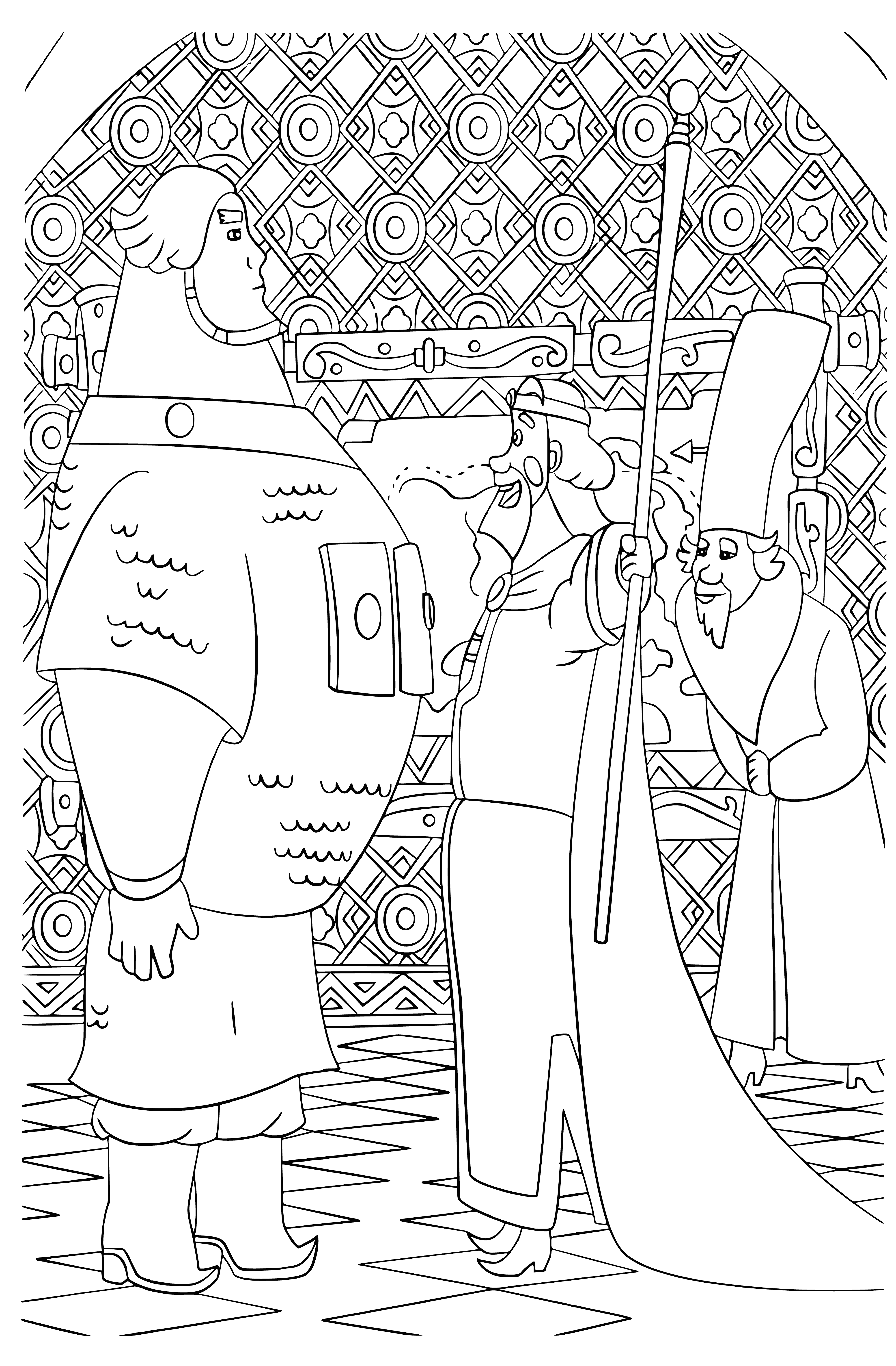 coloring page: In the prince's chambers, a bed w/ canopy, basin, pitcher, rug, fireplace, & tapestry of a prince on a horse fighting a dragon.