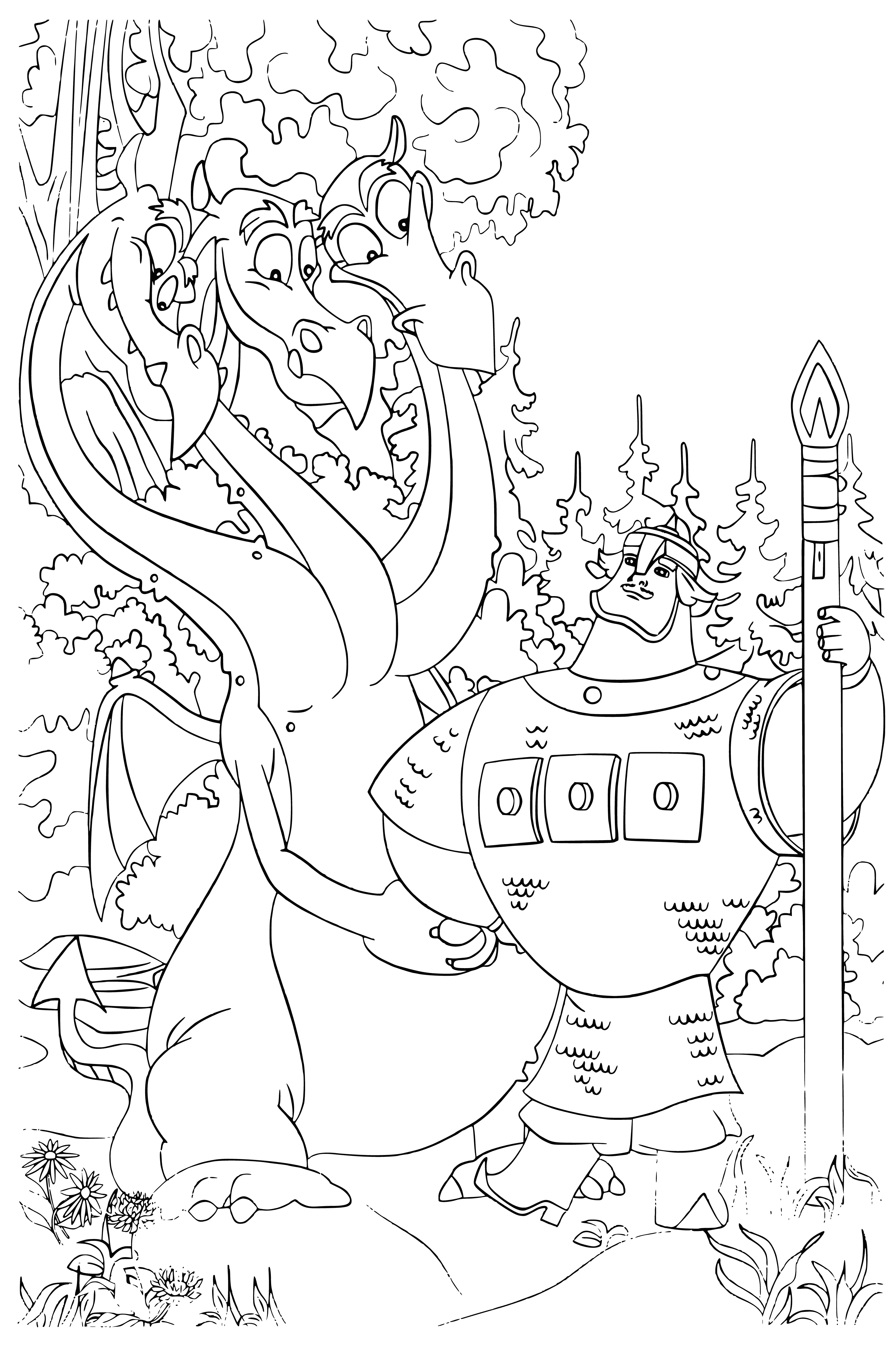 coloring page: Man in armor stands on hill, sword ready, facing giant snake with human head coiled around tree.
