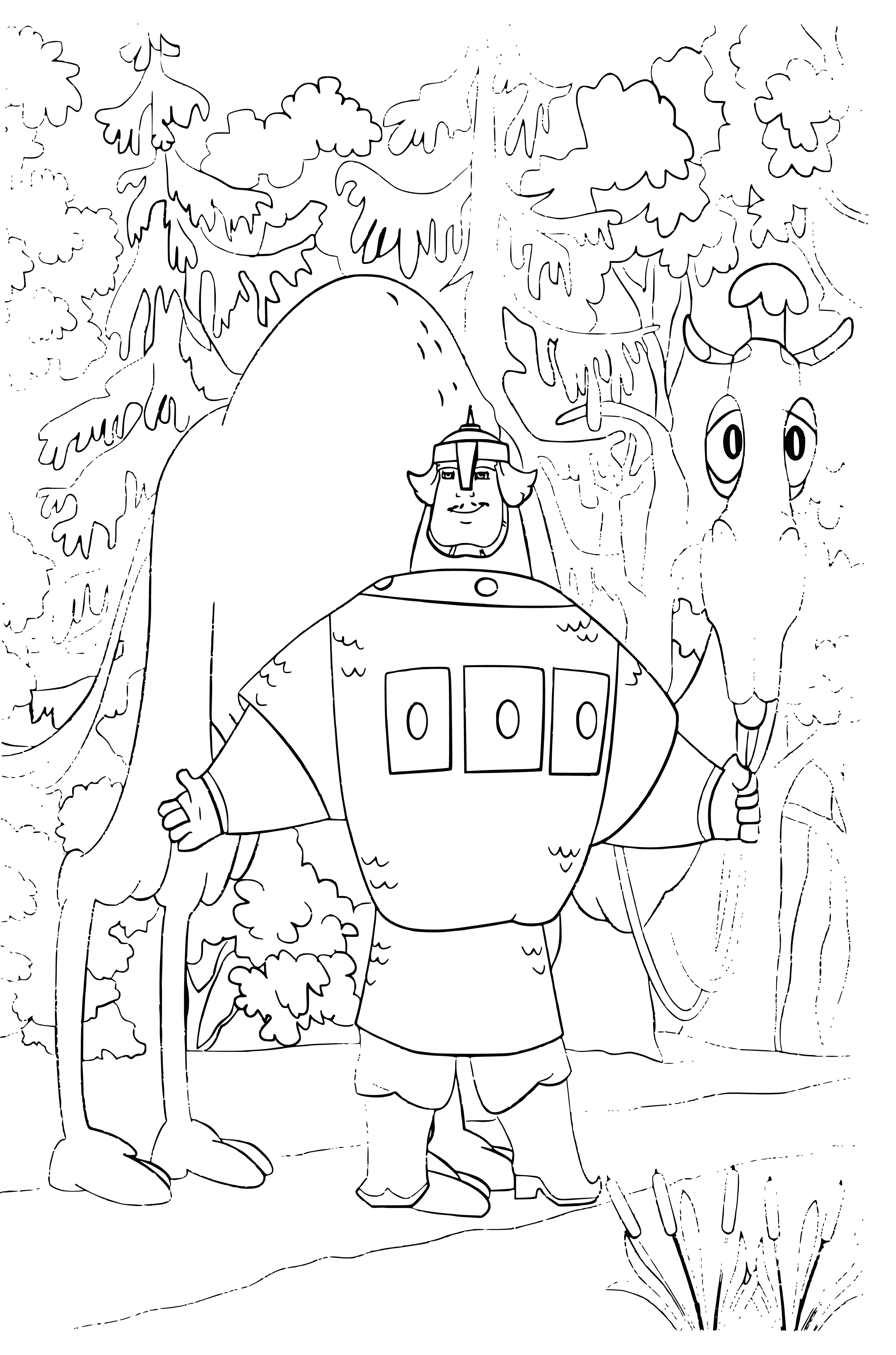 coloring page: Man in armor, cape and shield with a cross faces giant snake with large teeth, hissing aggressively.