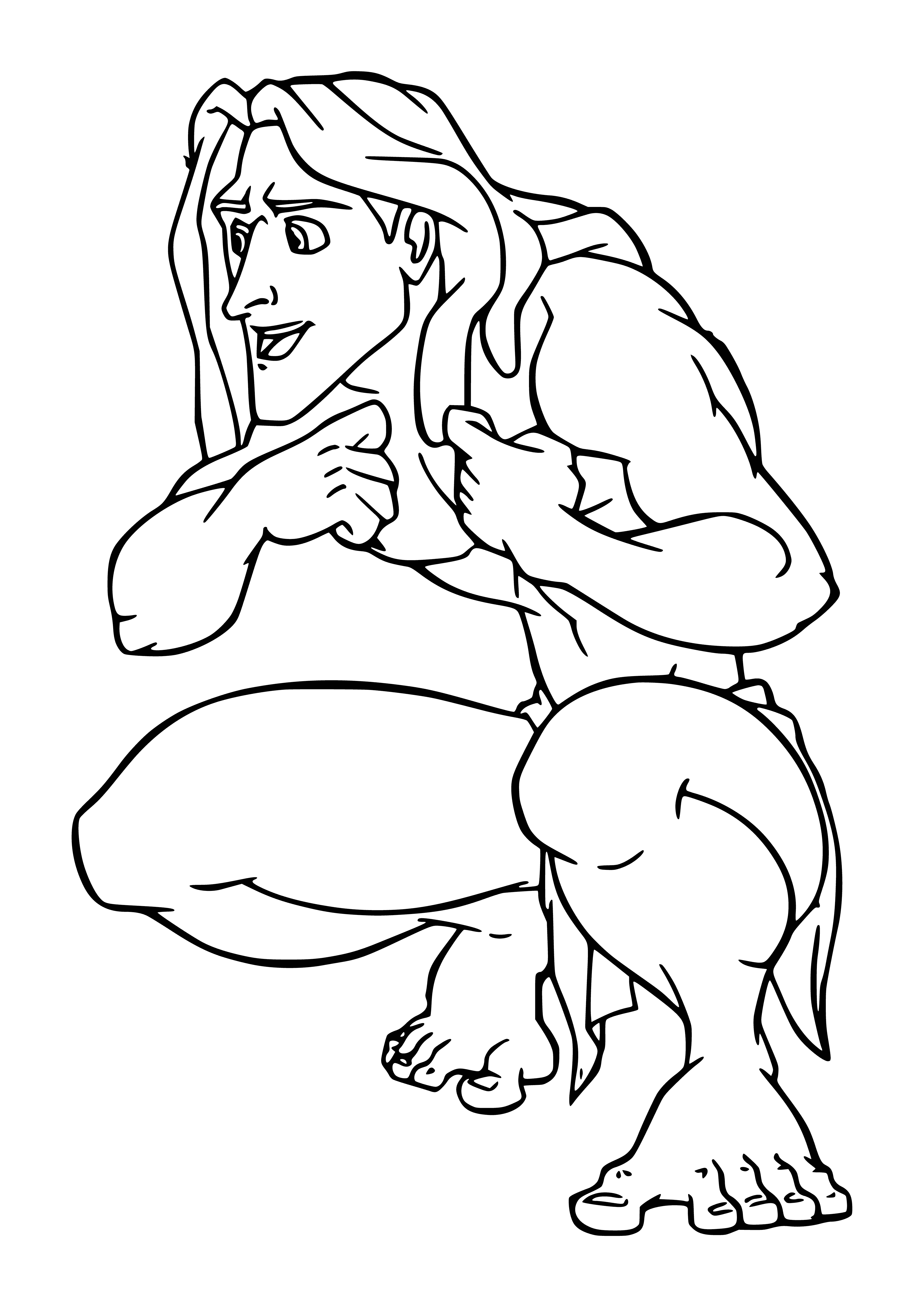 coloring page: A man stands on a branch in a jungle, rope in hand, gazing up.