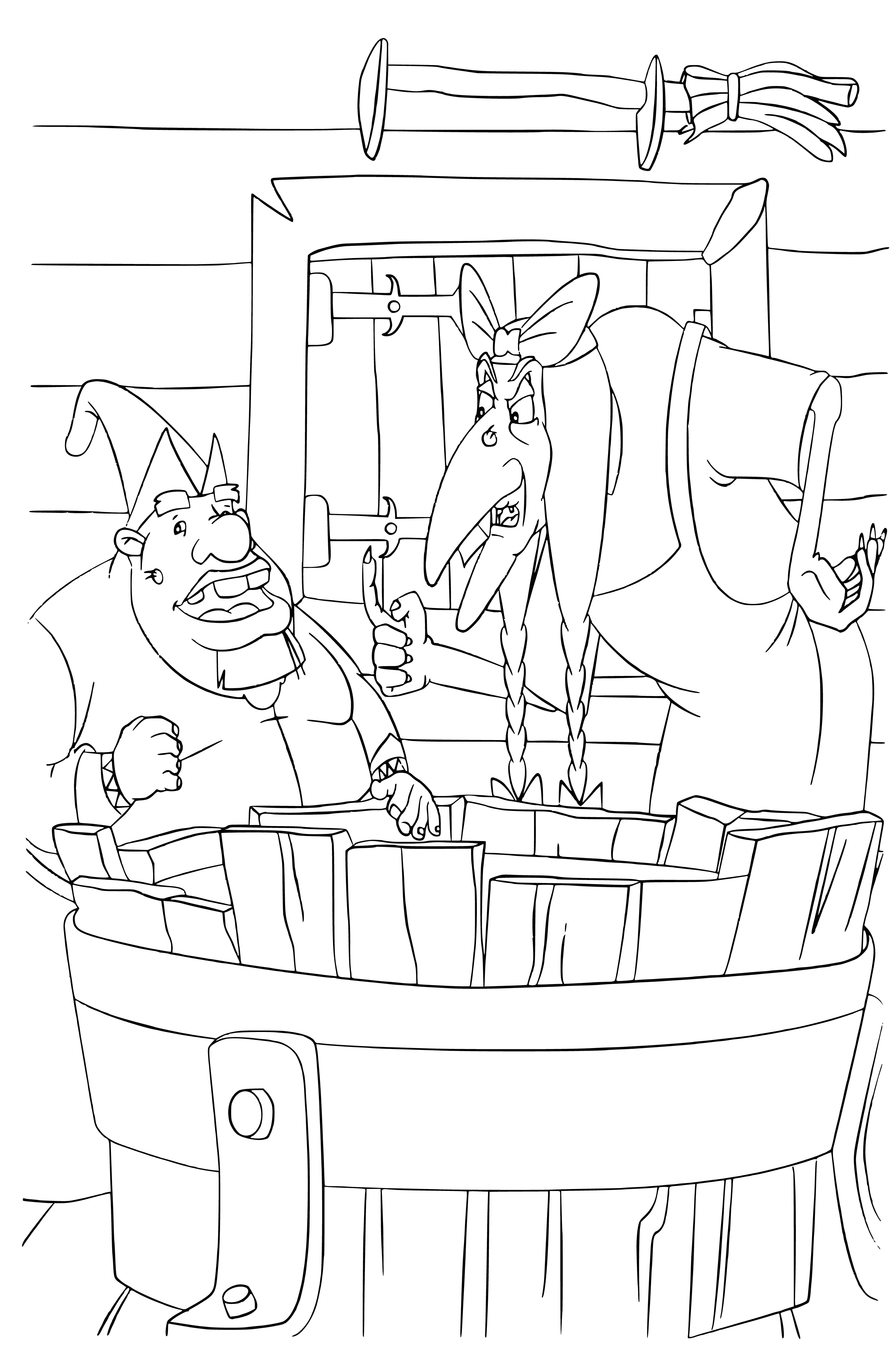 coloring page: Russian folk hero Dobrynya Nikitich battles the serpent Gorynych, with Baba-yaga's hut on chicken legs in the background. Smoke billows and Baba-yaga peers out the window.