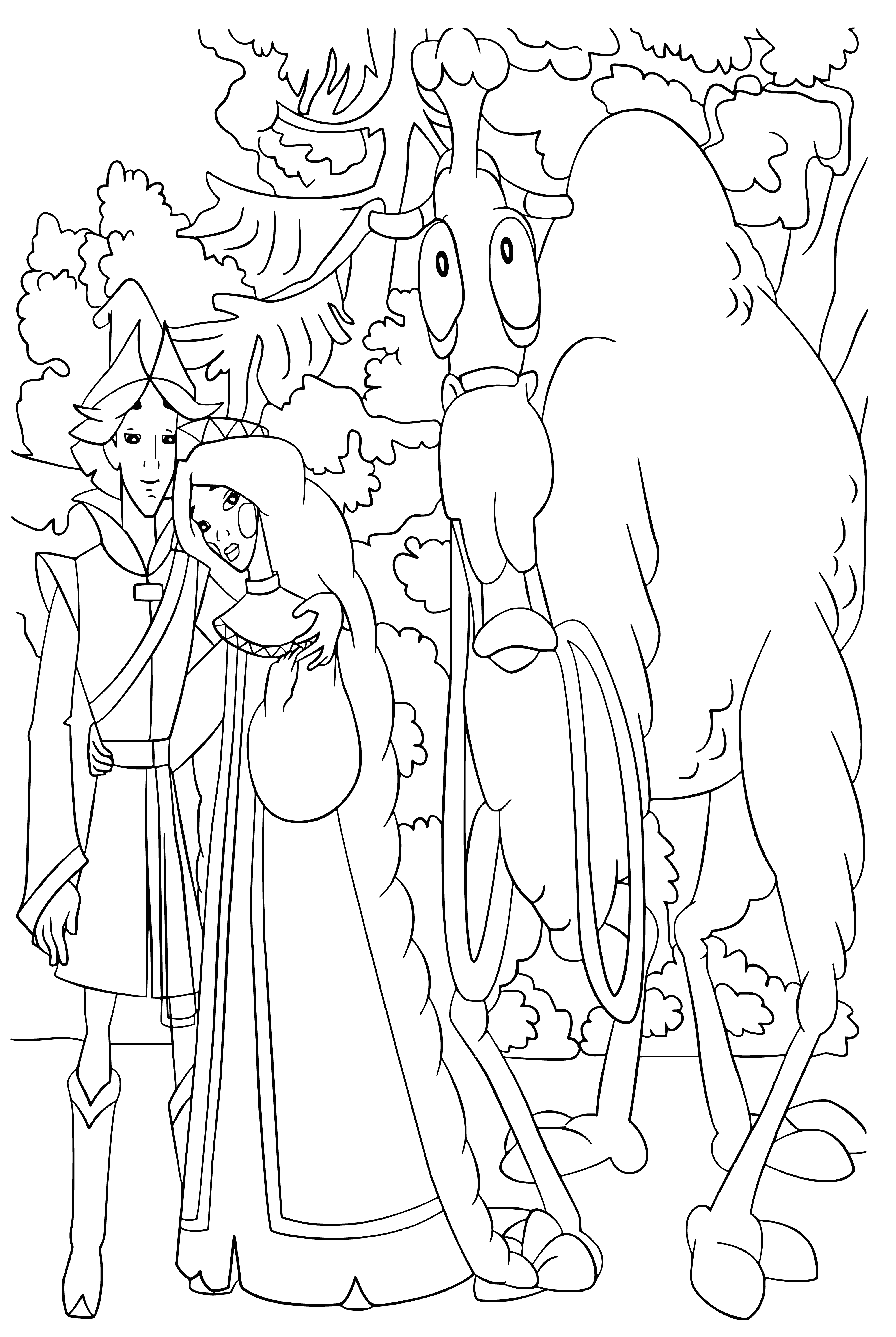 coloring page: Dobrynya Nikitich rides horse, holding spear, with 6-headed serpent & castle behind & 3 white birds in sky.