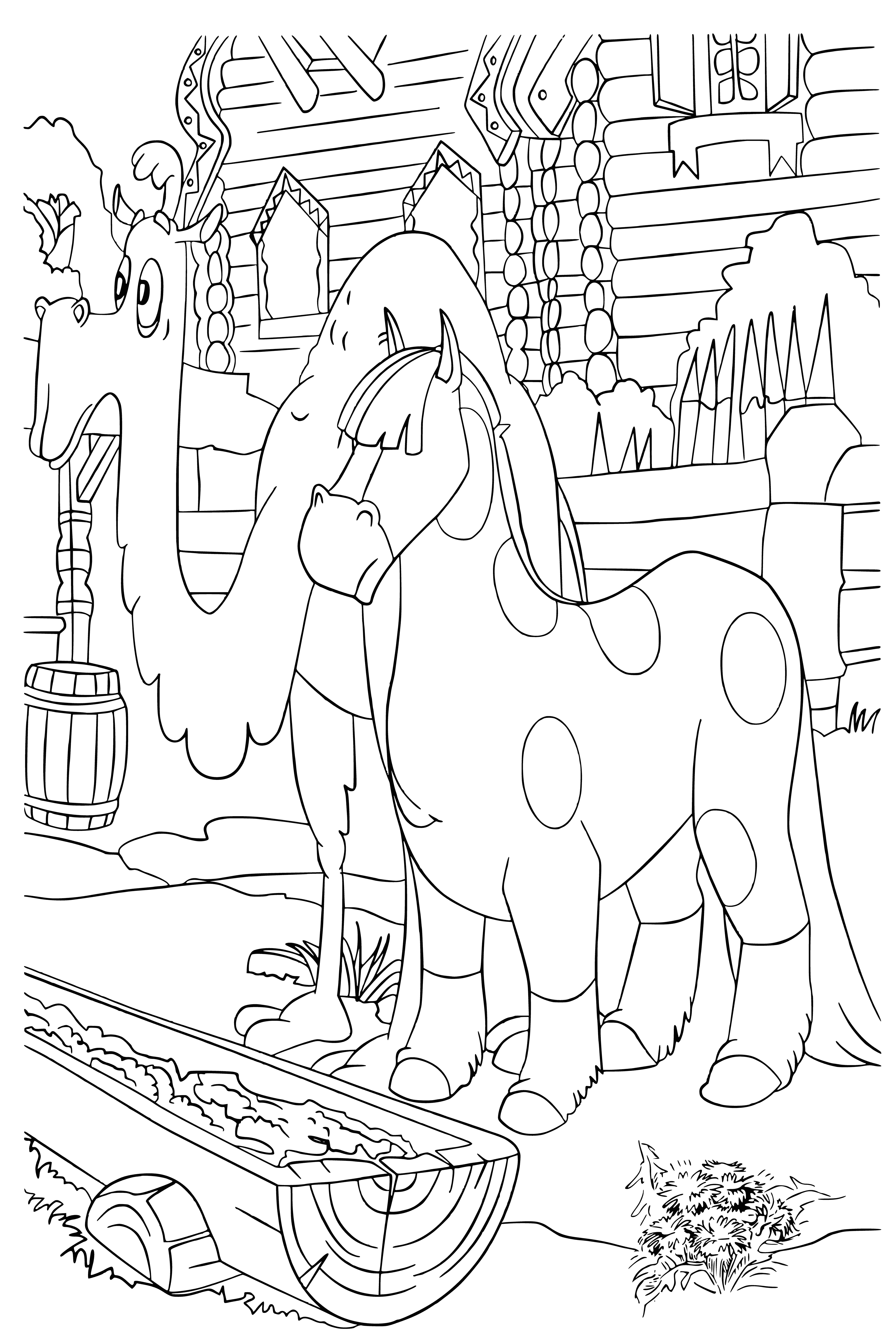 coloring page: Man on horse and camel faces large coiled snake around tree. Camel brays, man has spear with determined look. #snake #nature #mystery