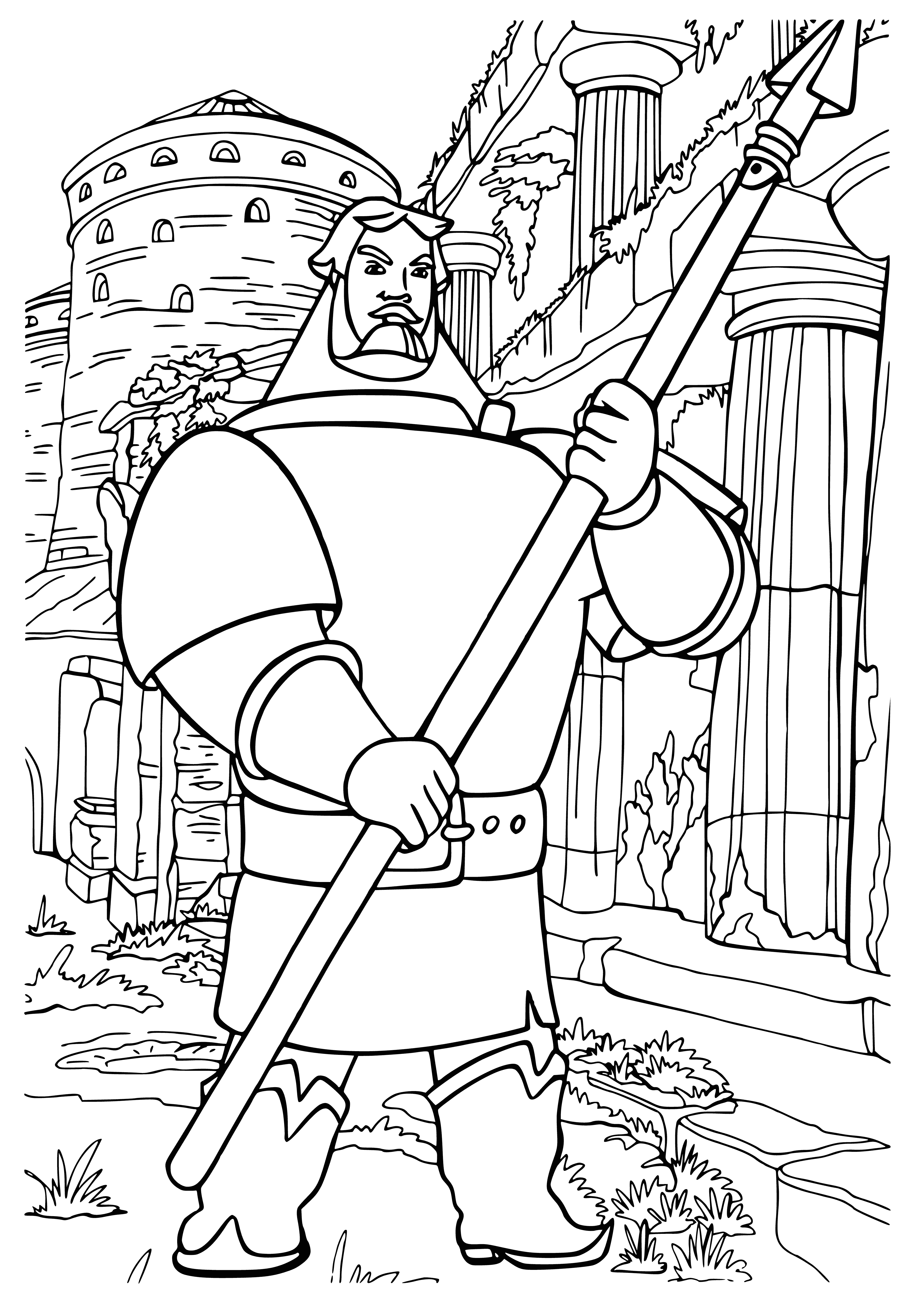 coloring page: Ilya Muromets is a large, armored warrior w/sword; Night Robber is small & lithe w/scarf-covered face, dagger & sack - their determined eyes pierce the viewer.