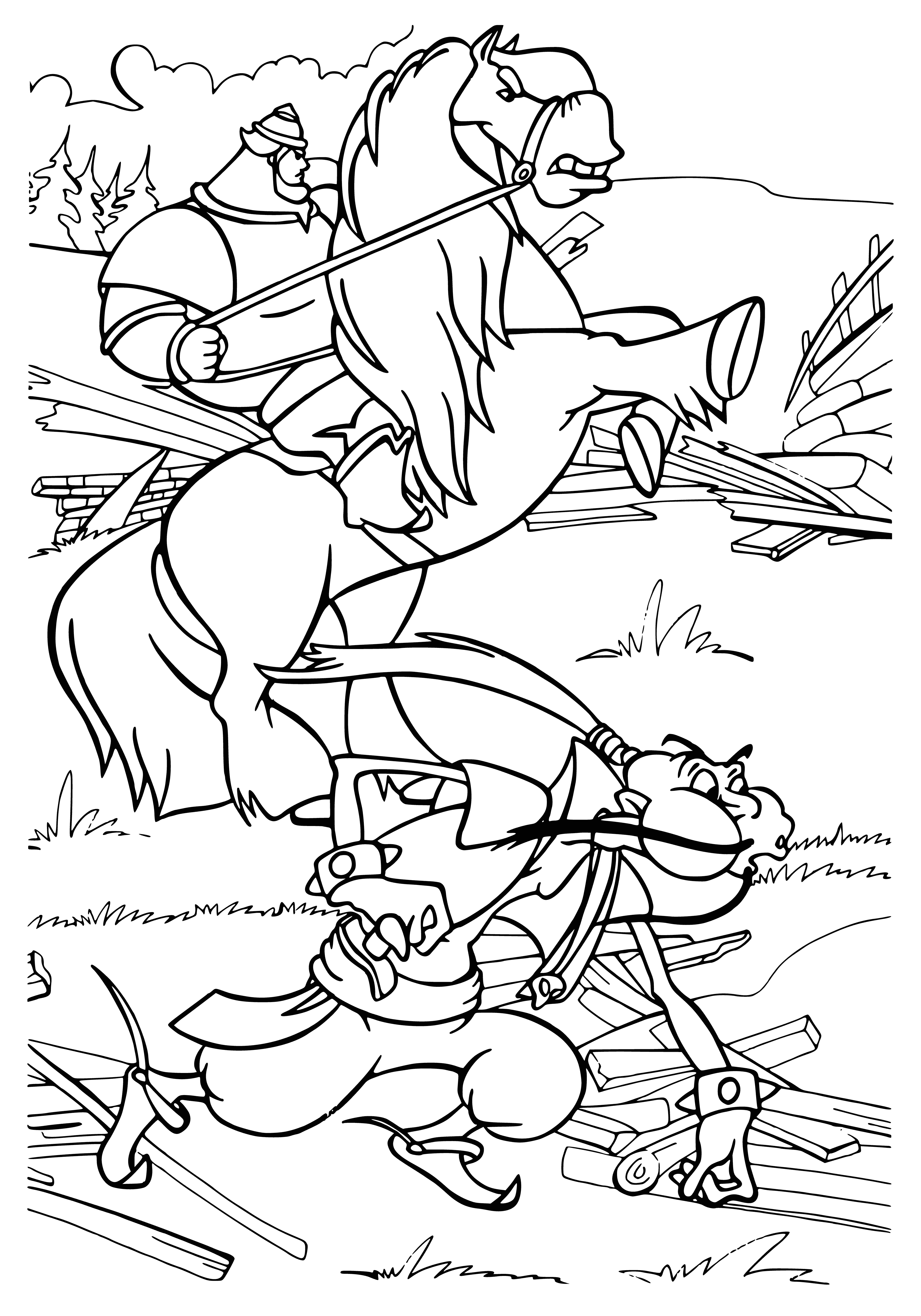 coloring page: Ilya Muromets faces off with Nightingale the Robber, a legendary bird with glowing red eyes atop a pile of treasure, in a Russian folktale. He prepares to do battle and reclaim the loot.
