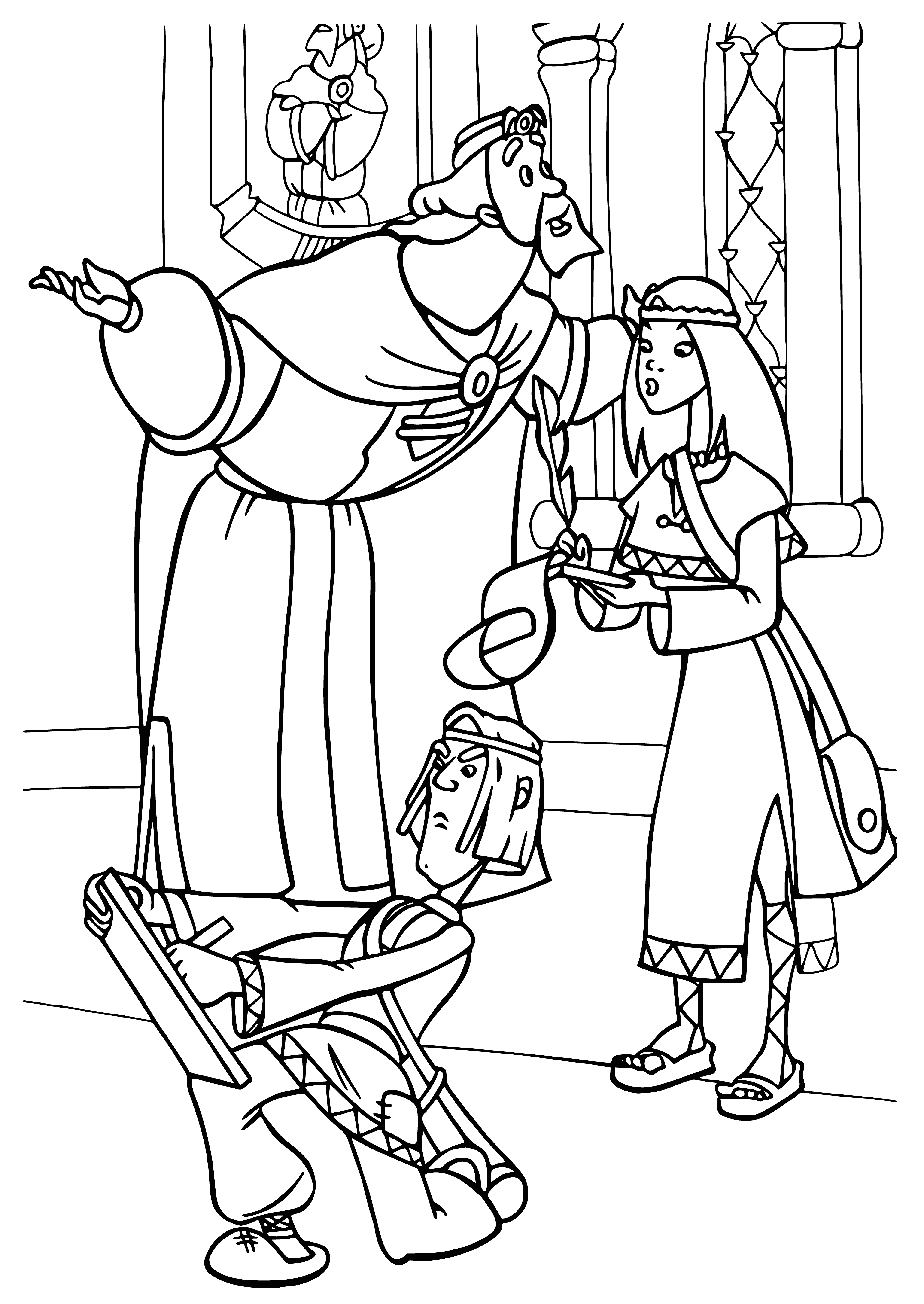 coloring page: Man in armor & woman in dress stand before mountain. He holds a sword; a bird perches on her shoulder.