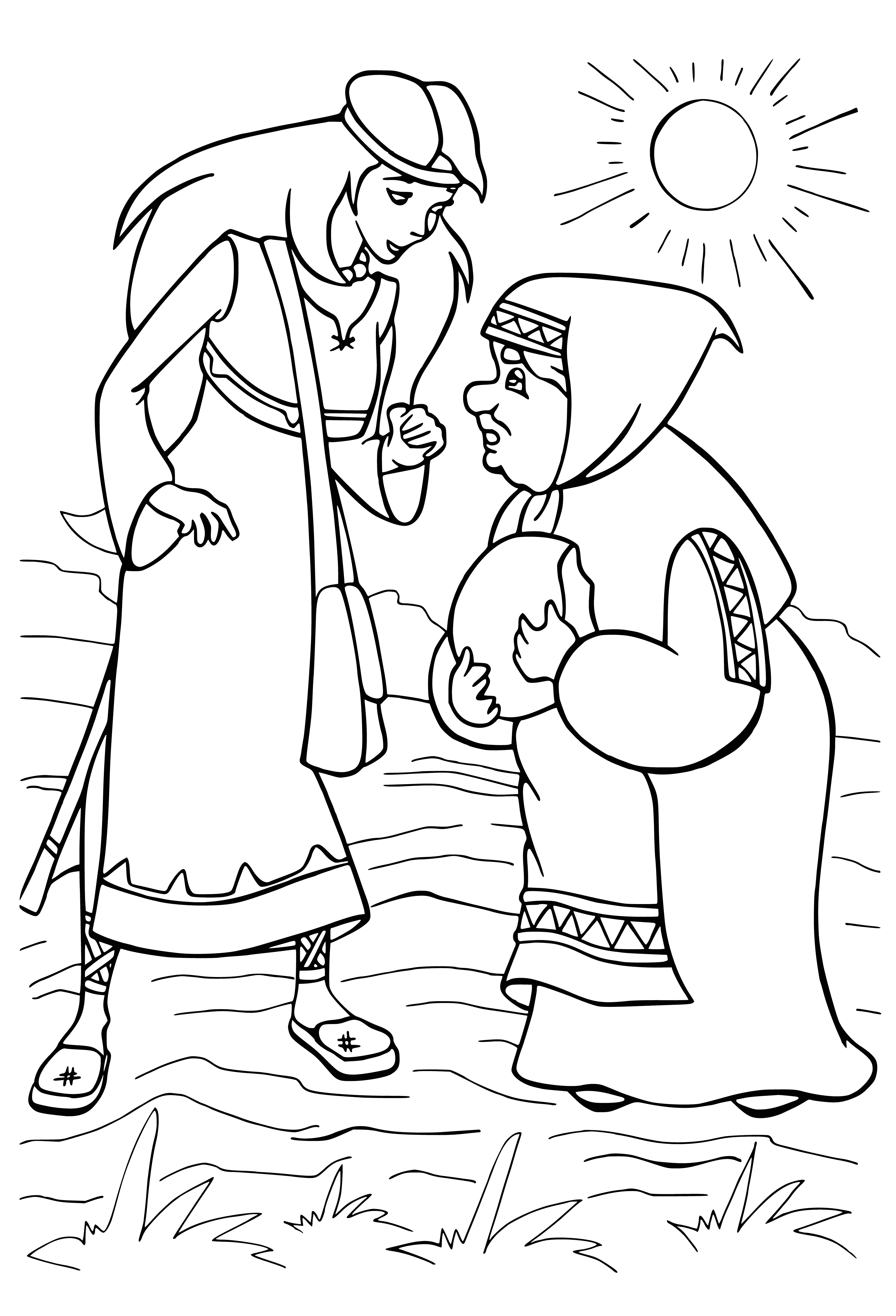 coloring page: Folk tale characters Ilya and Nightingale stand side-by-side in a coloring page: Ilya with a sword and Nightingale with her stolen goods, staring at the viewer.