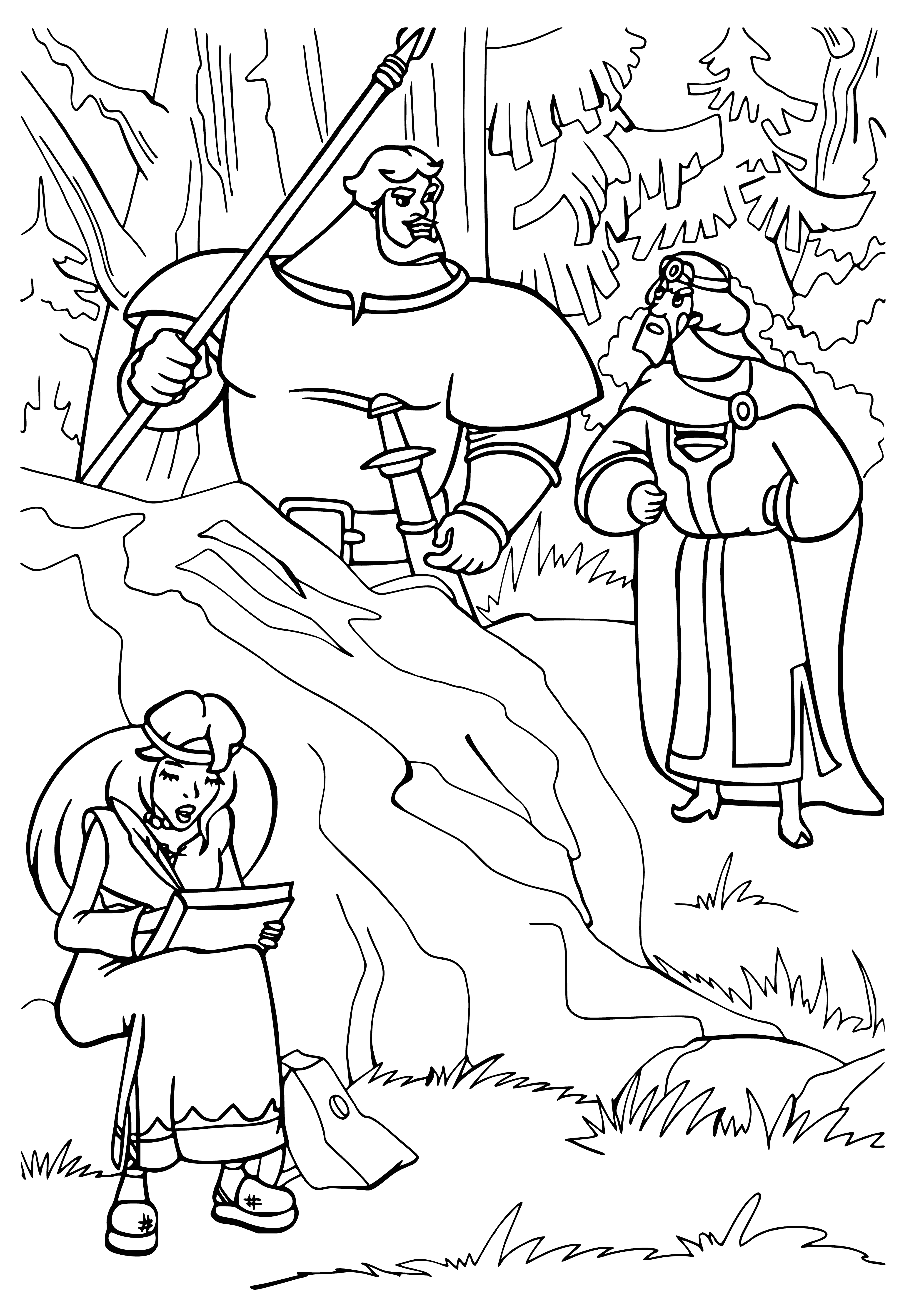 coloring page: Figures on horseback fight under an overcast sky in a wooded area with a village in the distance; one figure holds a sword, other has hands tied, bag over head. #tale