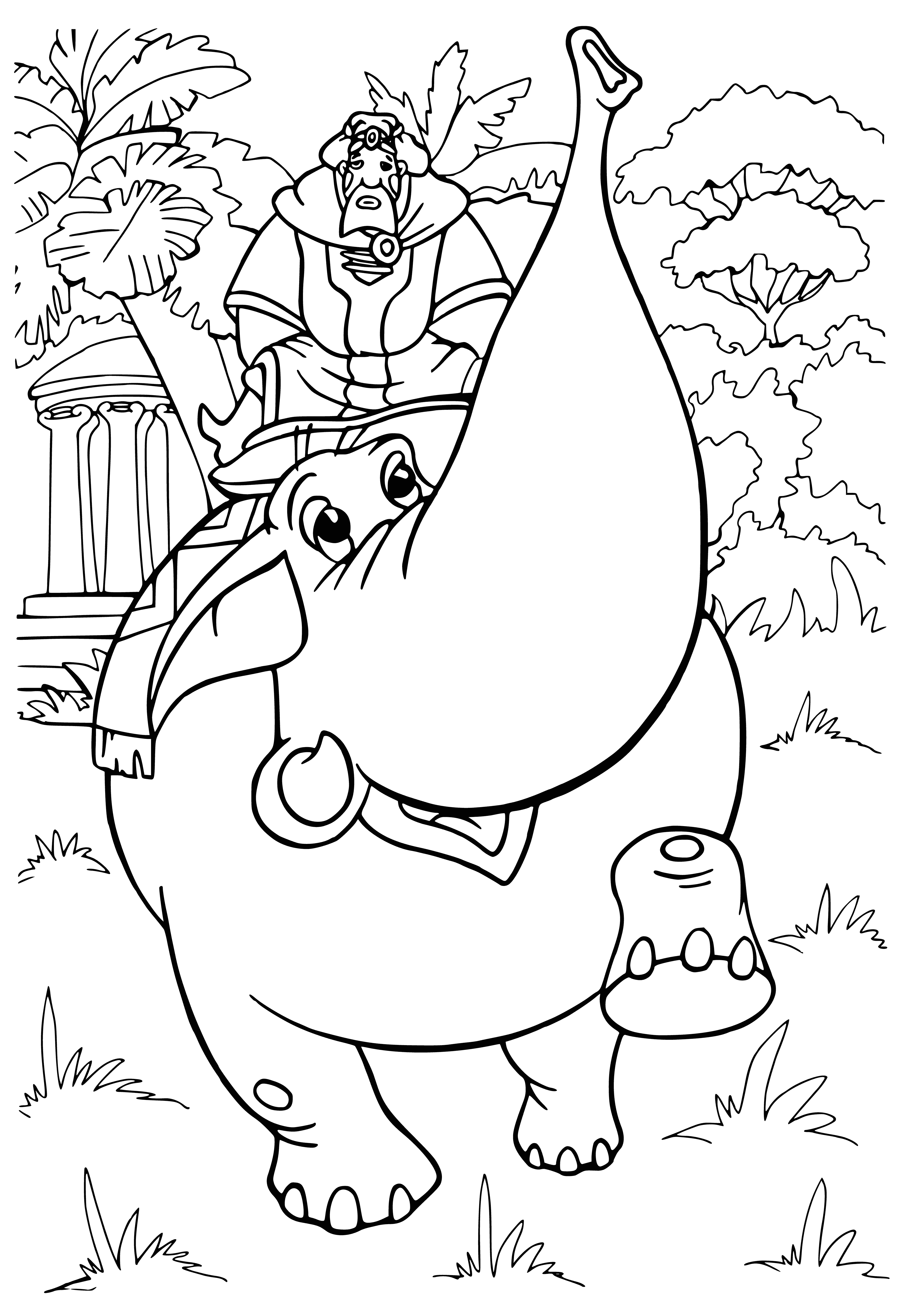 coloring page: Ilya & Nightingale riding an elephant w/ big ears, trunk & swords. They're on its back, ready for an adventure!