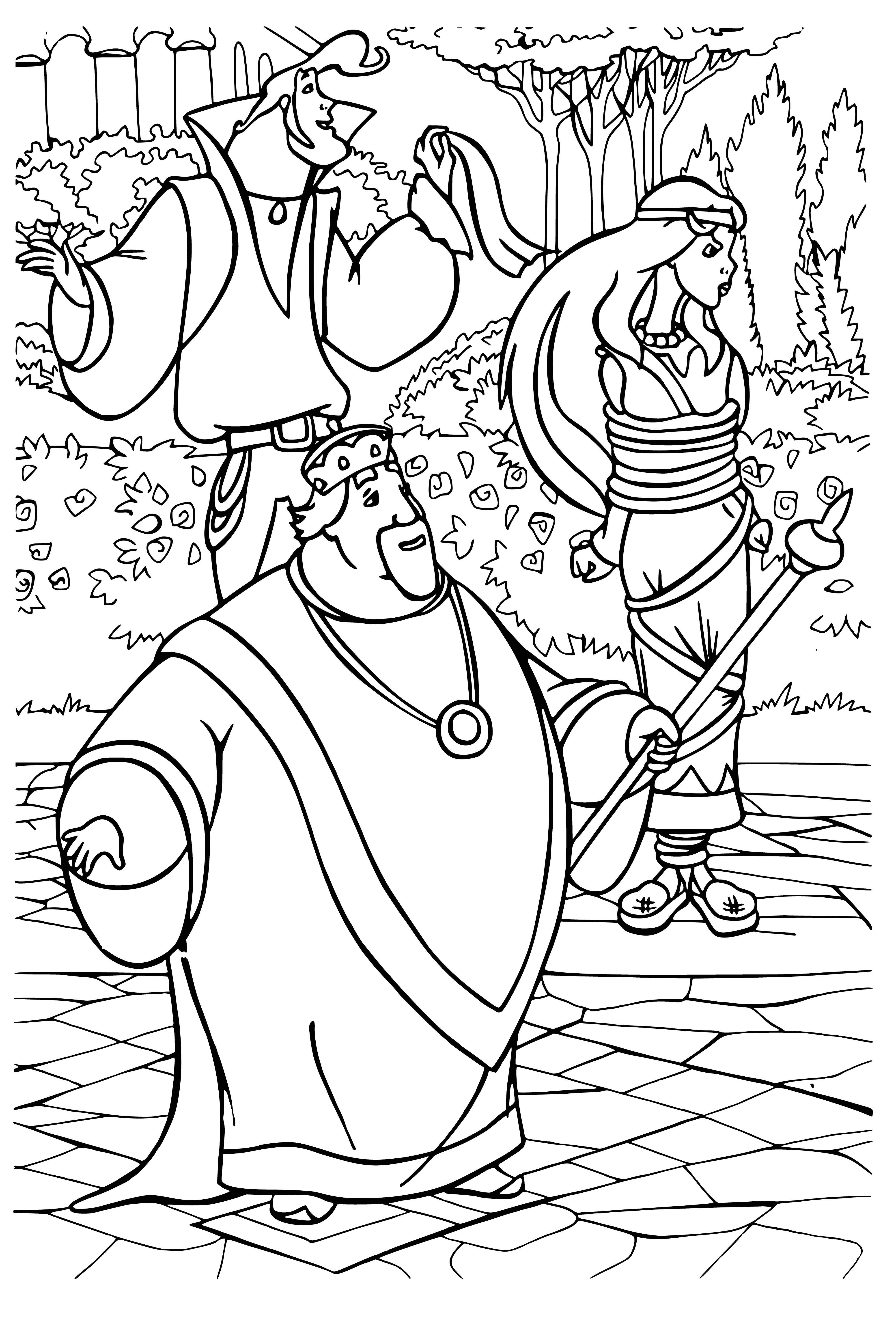 coloring page: Large muscular man on horse flanked by smaller man, girl on donkey. Man has spear, girl tied. All look faced with worry/fear.