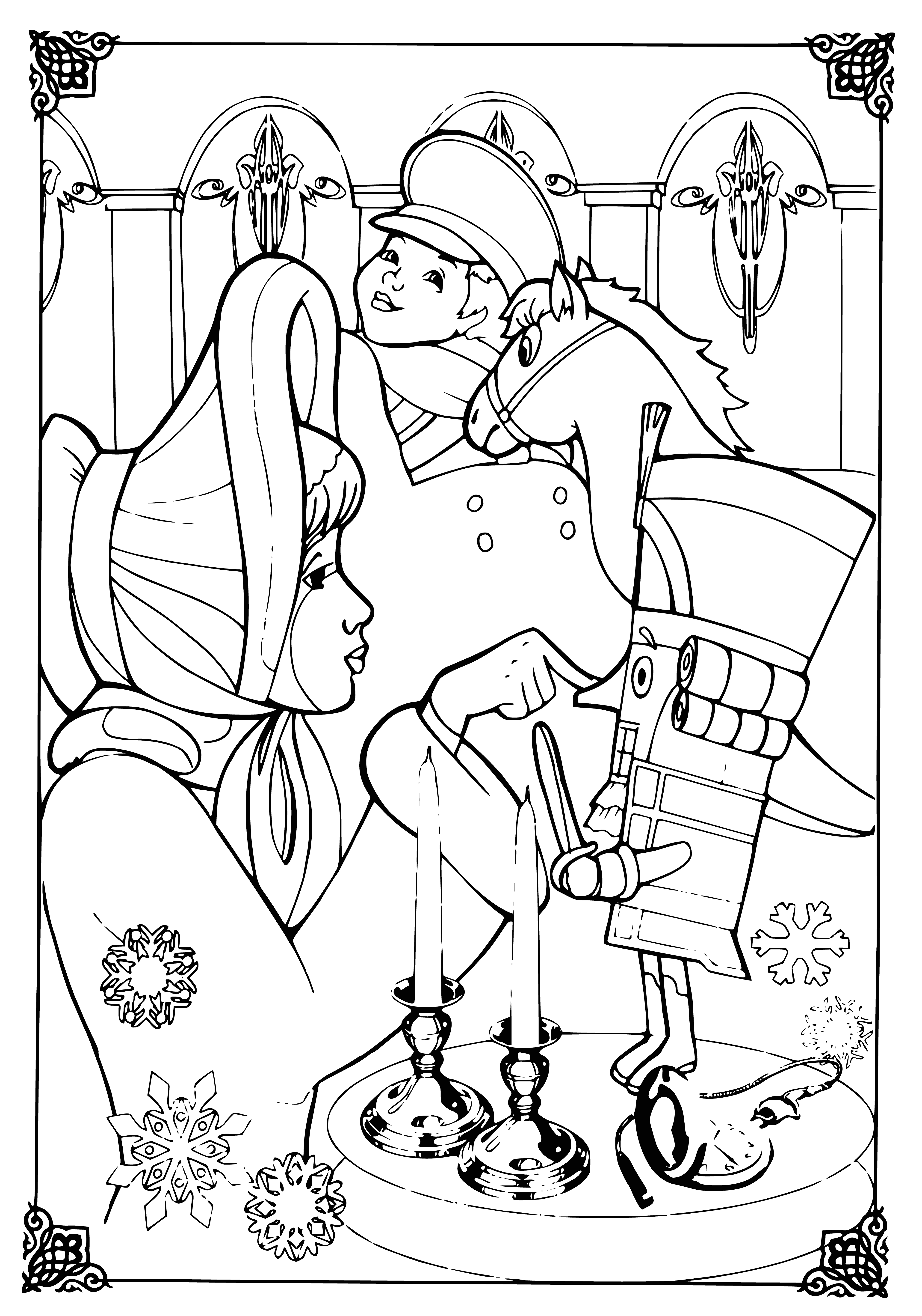 coloring page: Nutcracker in traditional garb holds a sword & small sack; 3 mice look up at him; faint stars in background.