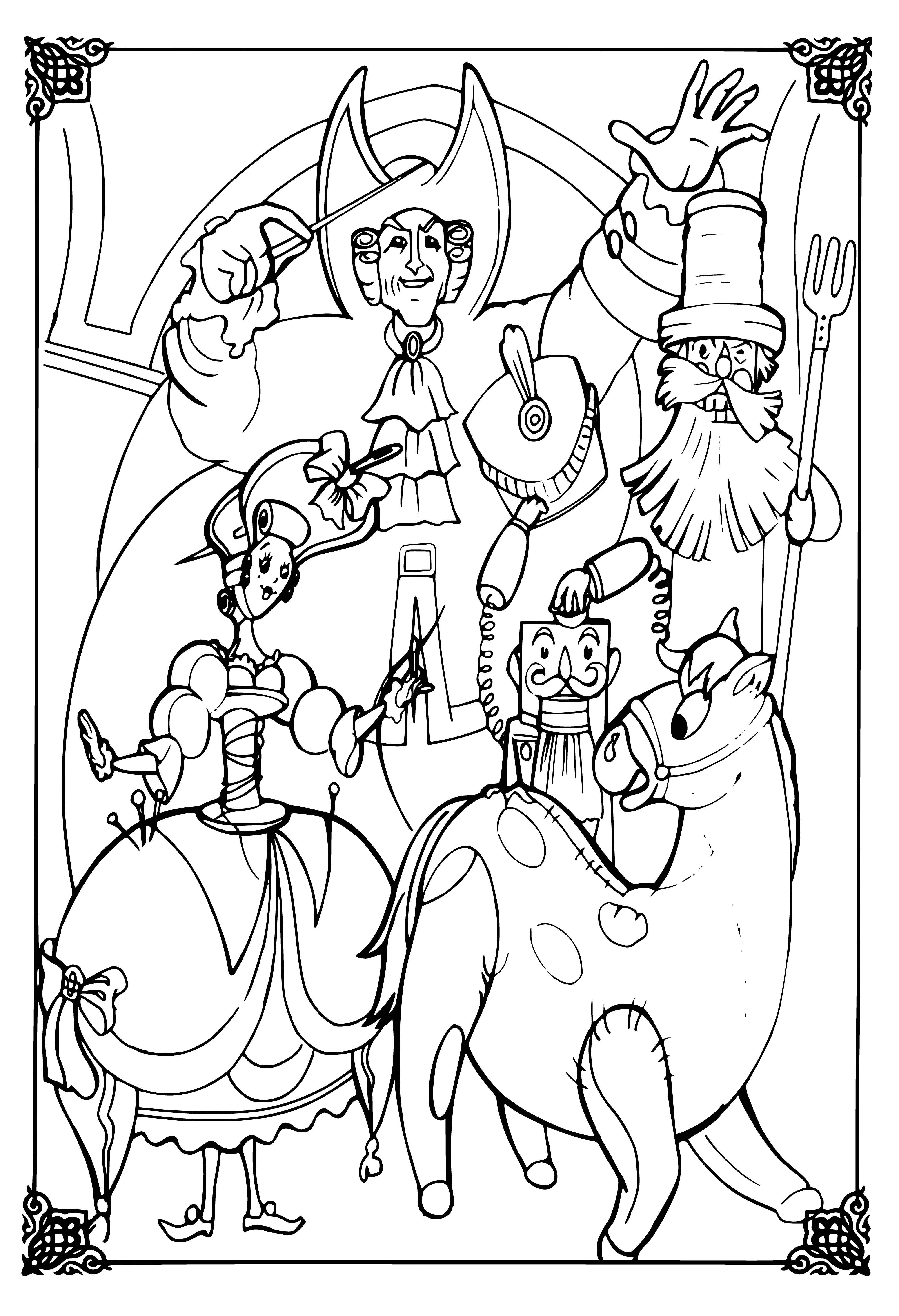 coloring page: Two servants preparing a meal w/ large knives, meat on chopping blocks.
