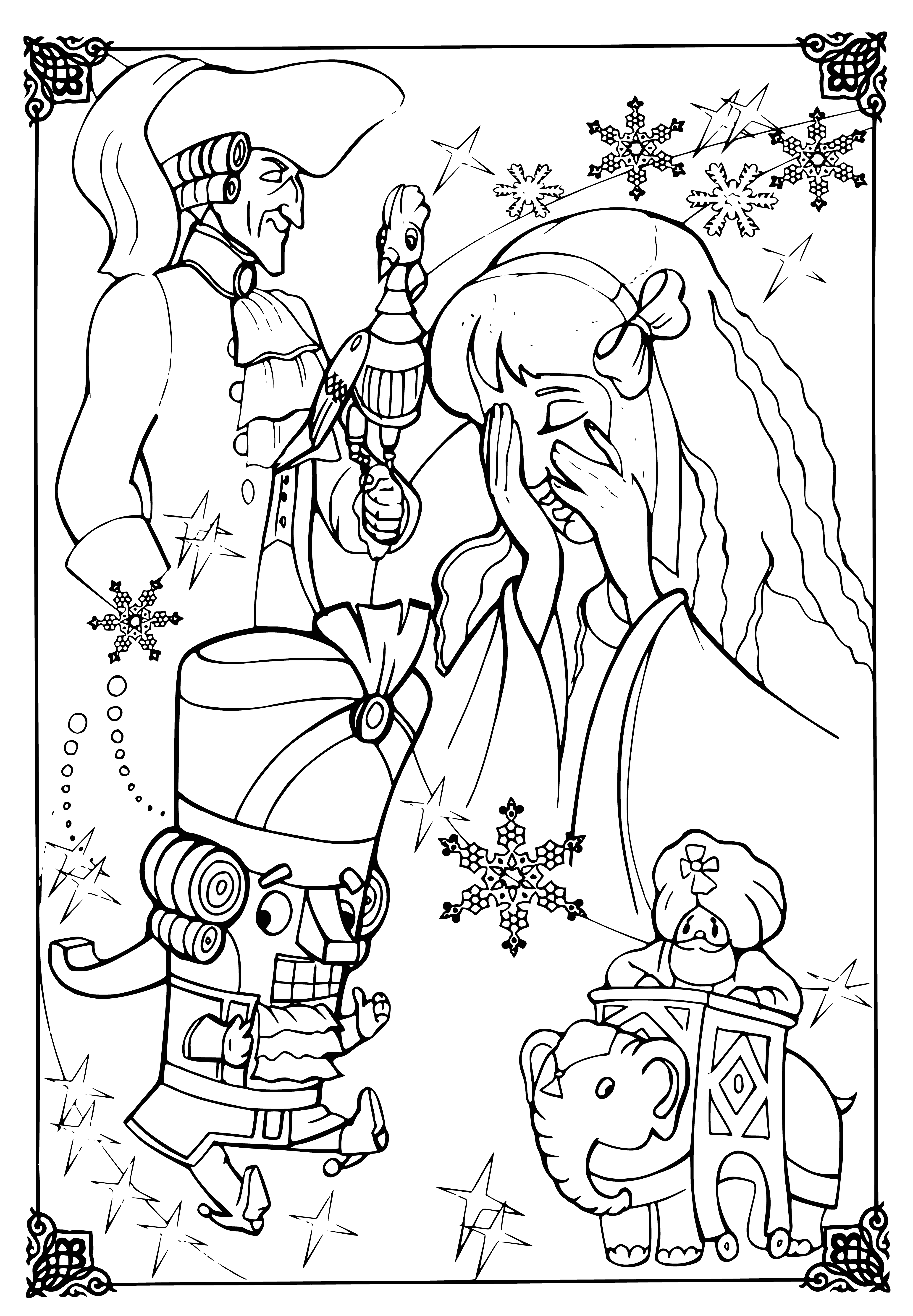 coloring page: Boy holding nutcracker man in red coat and hat; he has white beard & mustache and is holding a sword.