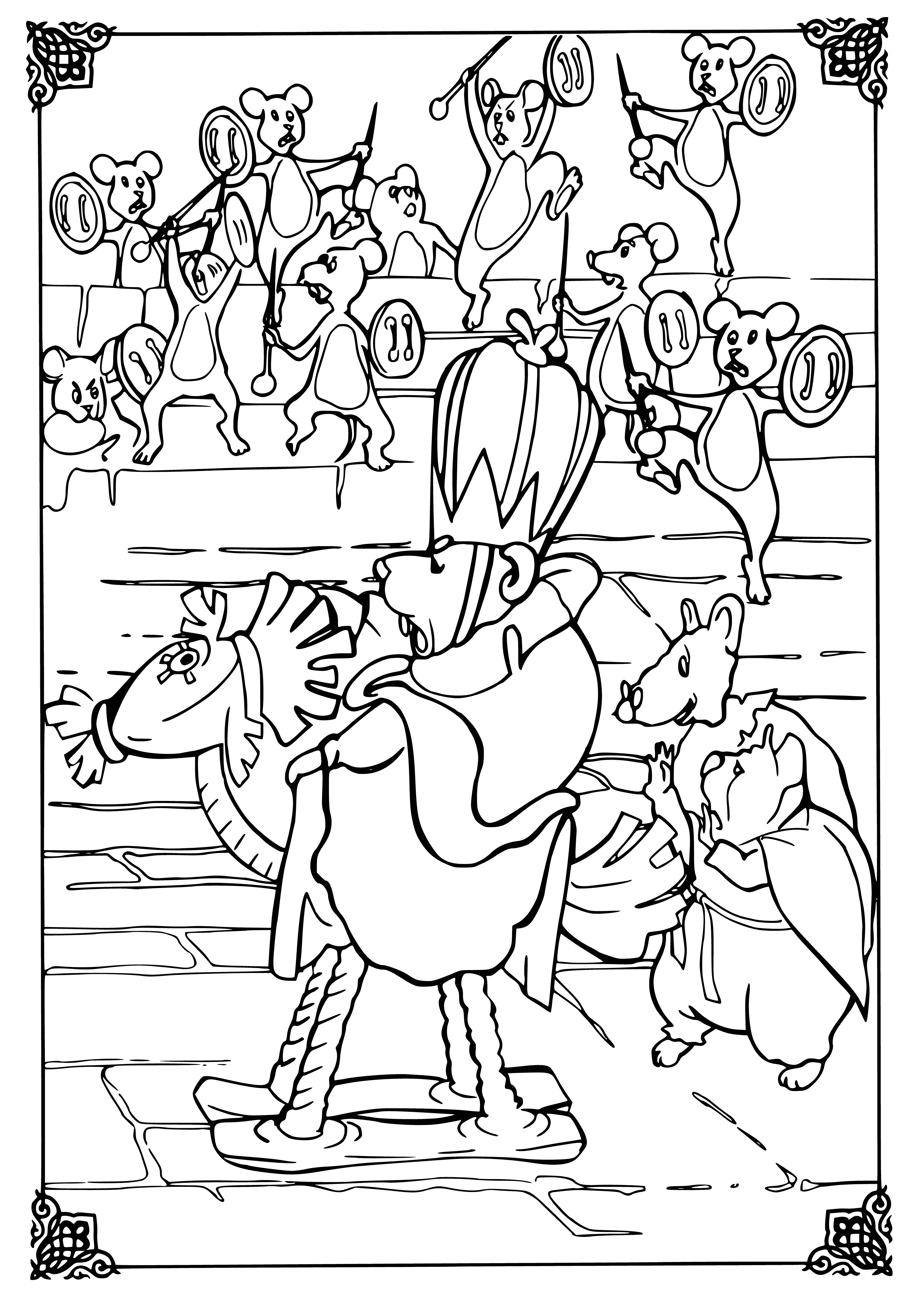 coloring page: Mouse King's army of mice dress in brown & gray, have pointy hats & swords. They stand on crates in background & face castle. #Nutcracker