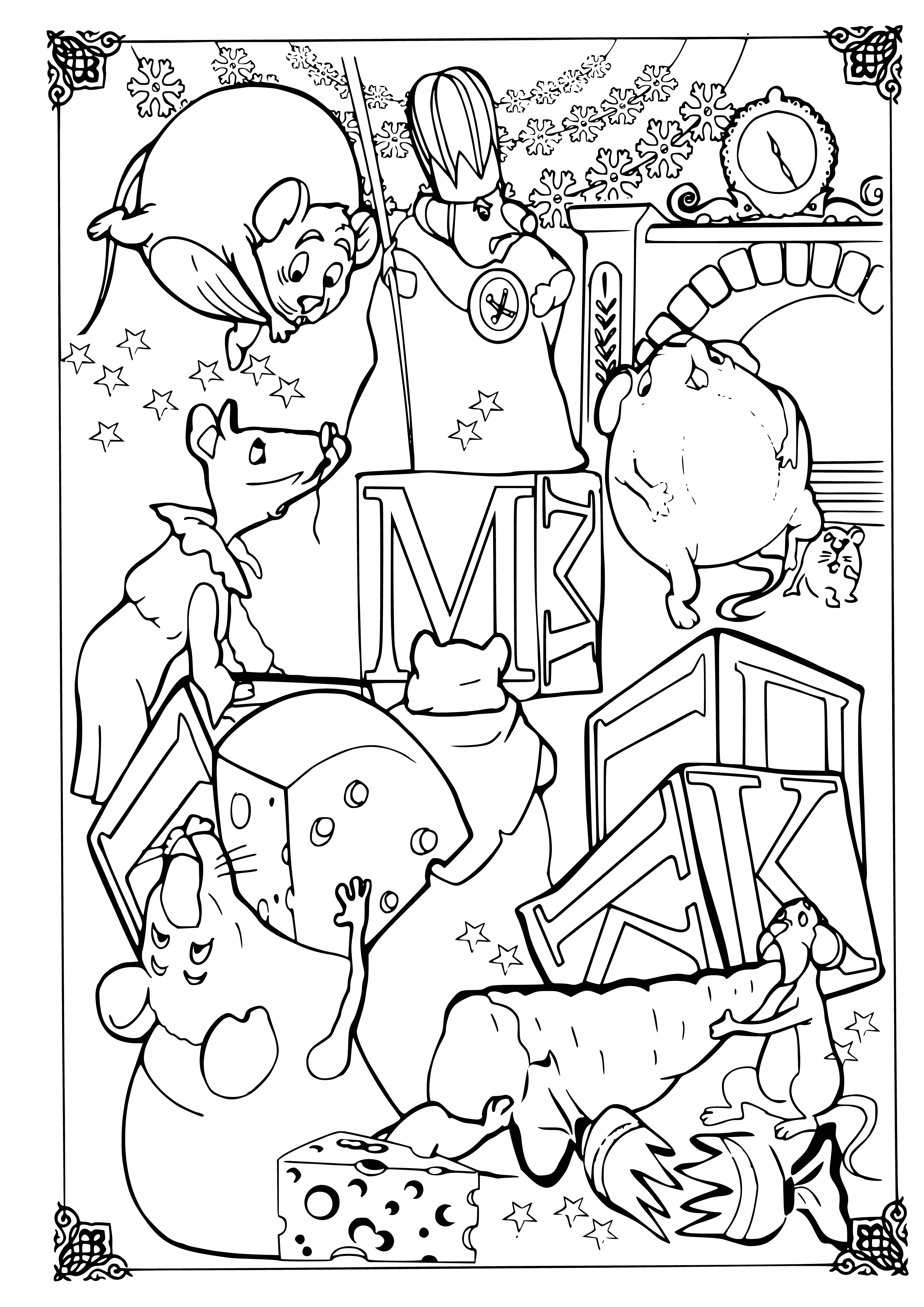 coloring page: Nutcracker stands with sword and sack, surrounded by mouse corpses and a few scurrying mice. A menacing look fills his face.