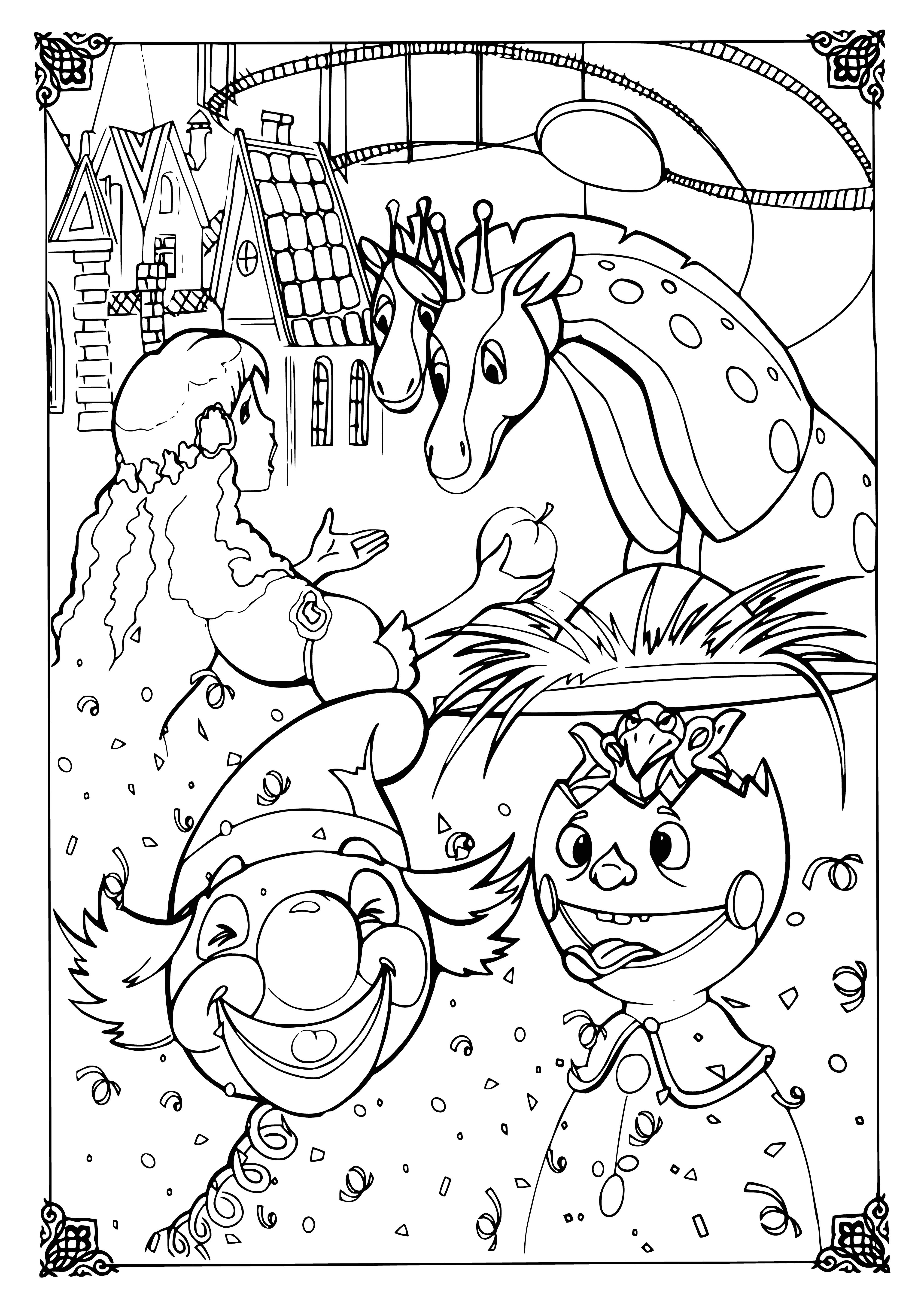 coloring page: Masha is transported to a magical land where she meets a nutcracker who helps her find her way back home. They learn lessons about working together & being brave while making new friends.