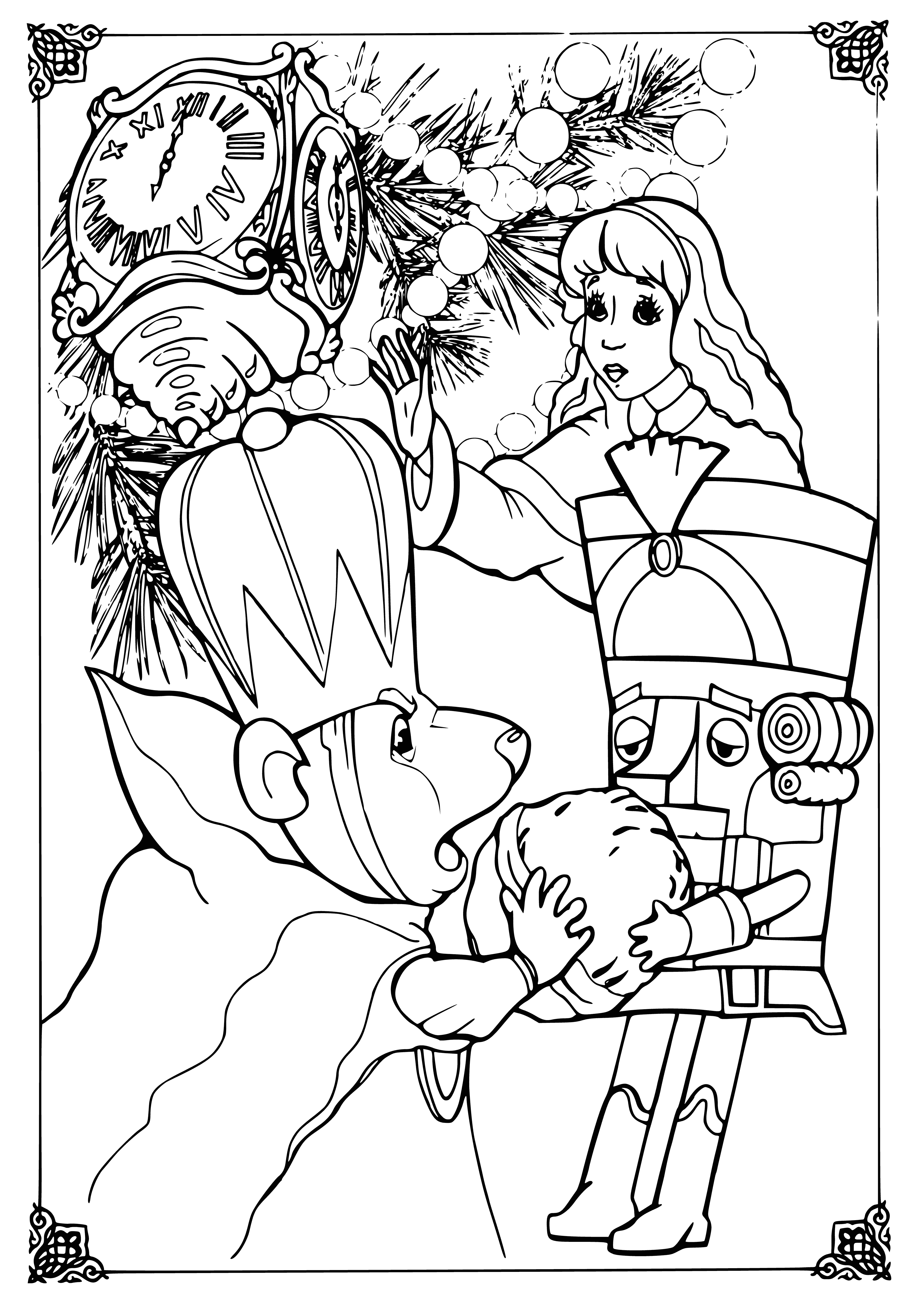 coloring page: Nutcracker watches nut levitate away in a magical cloud of dust and smiles.