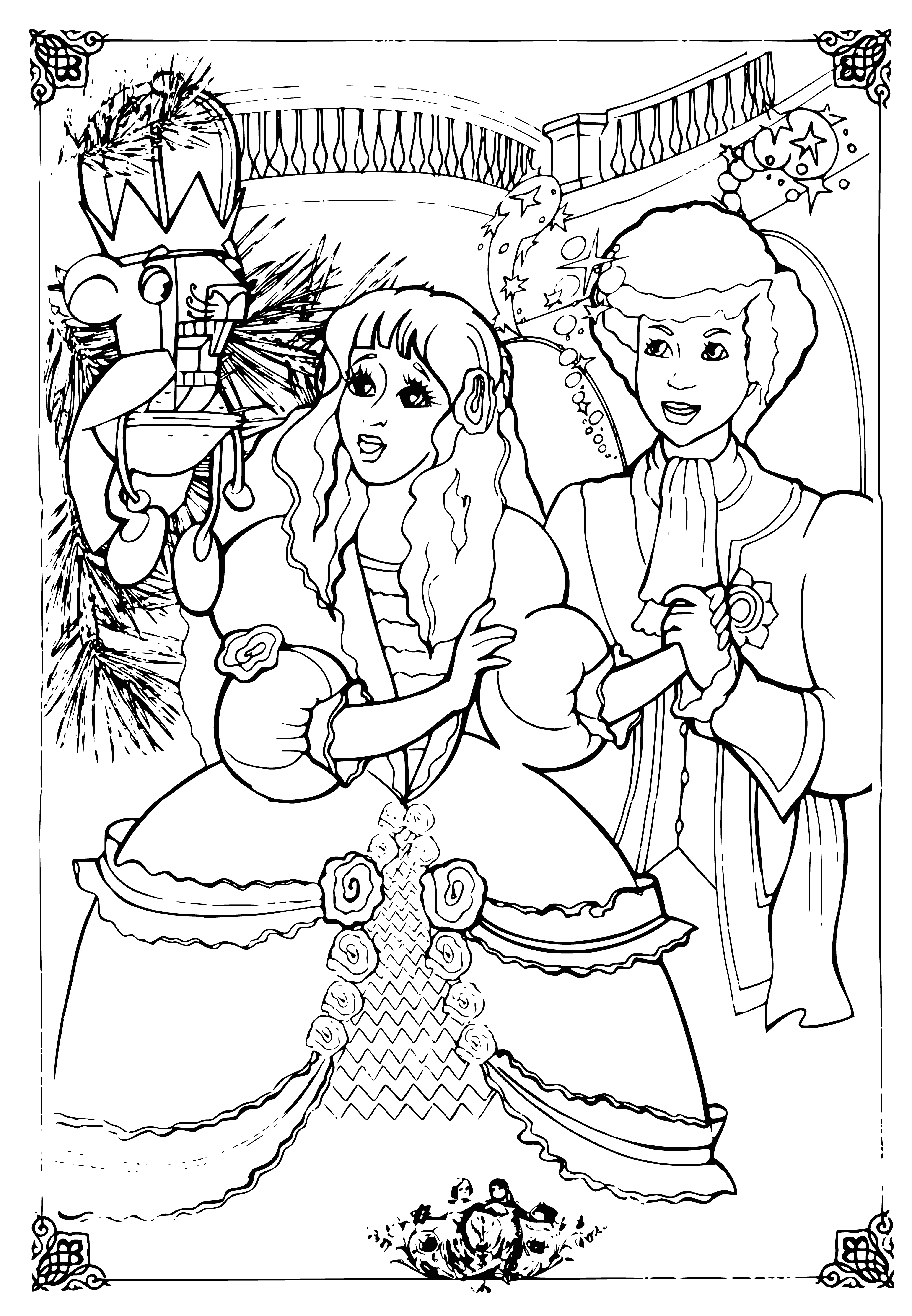 coloring page: Masha & the Prince in traditional Russian clothing in a forest, girl holds nutcracker, boy holds sword & by river. A story of courage & adventure!