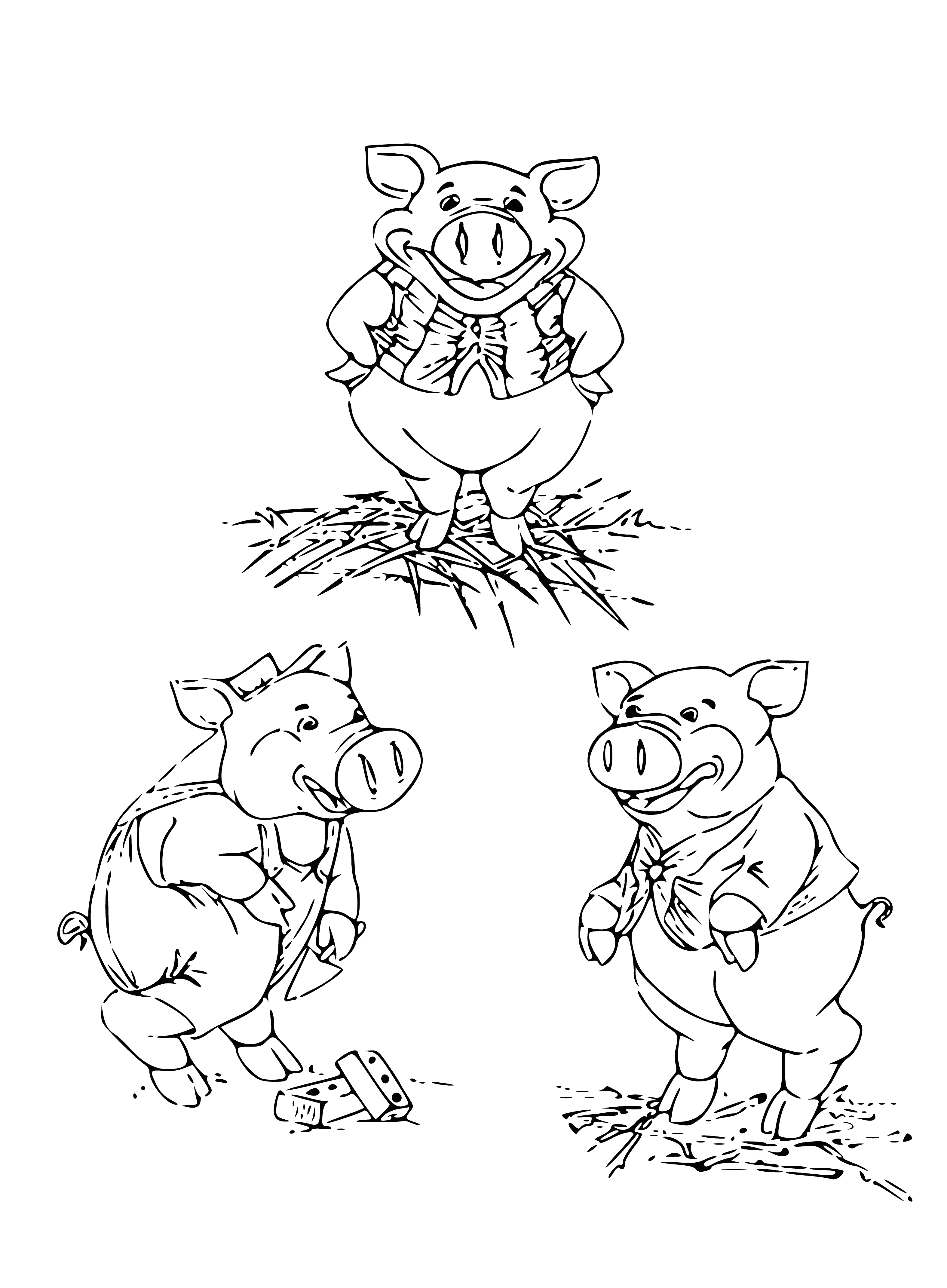 coloring page: 3 pigs: 2 standing, 1 sitting, all facing same direction, 2 behind 1.