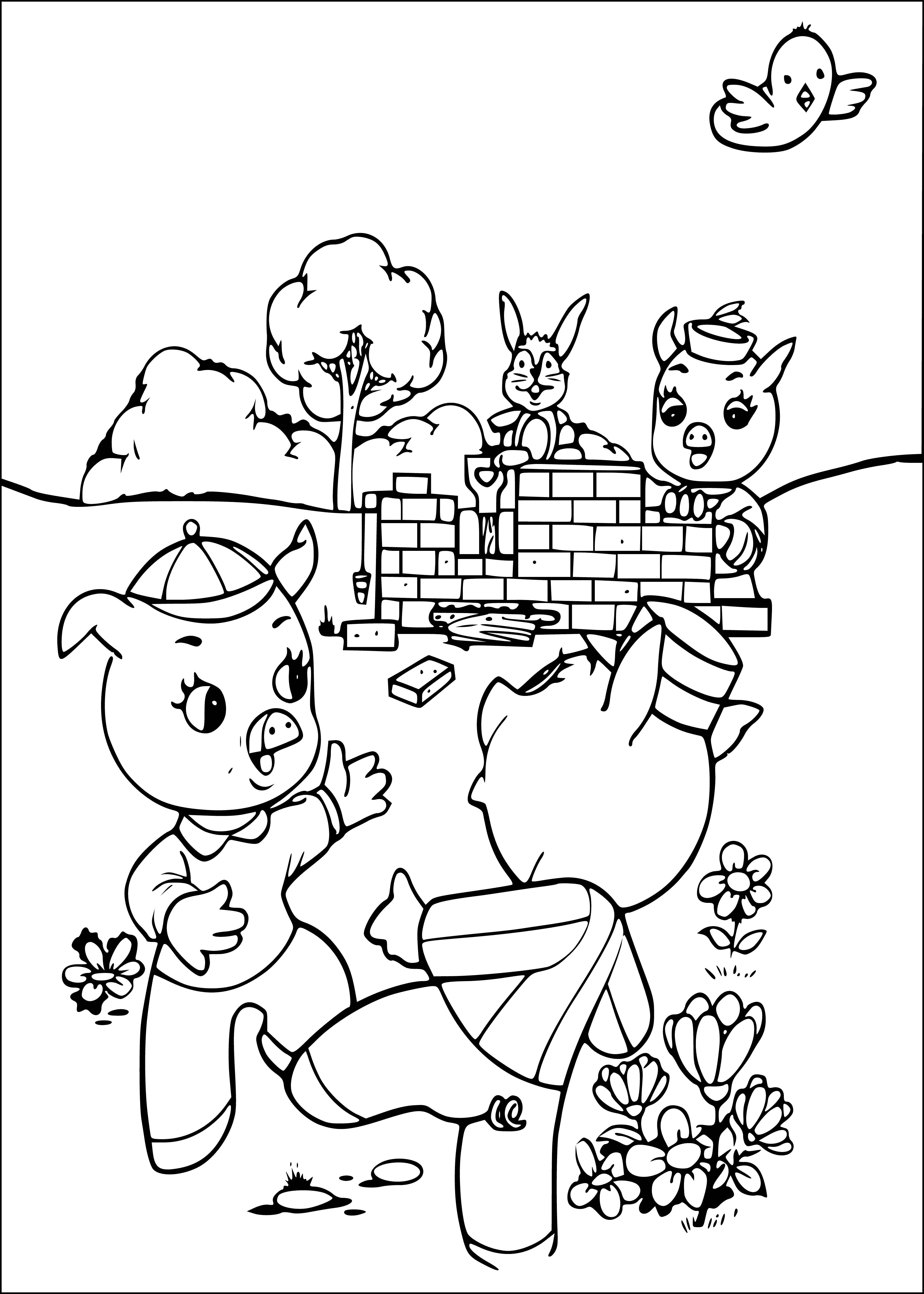 coloring page: Three pigs & a wolf in a coloring page; one of the pigs scared, the other two sitting.