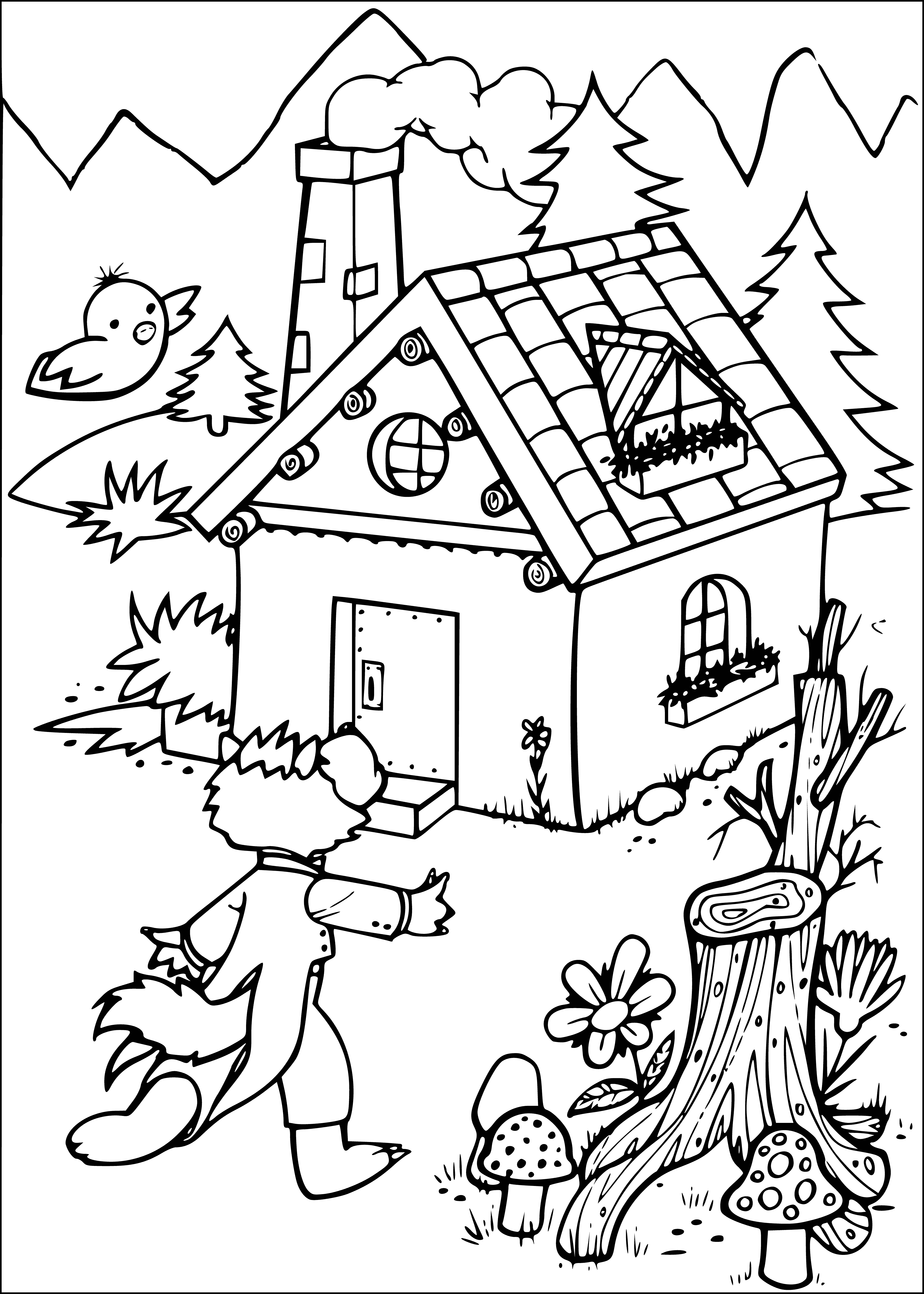 coloring page: The three pigs stand in front of a straw house while the wolf looks up.