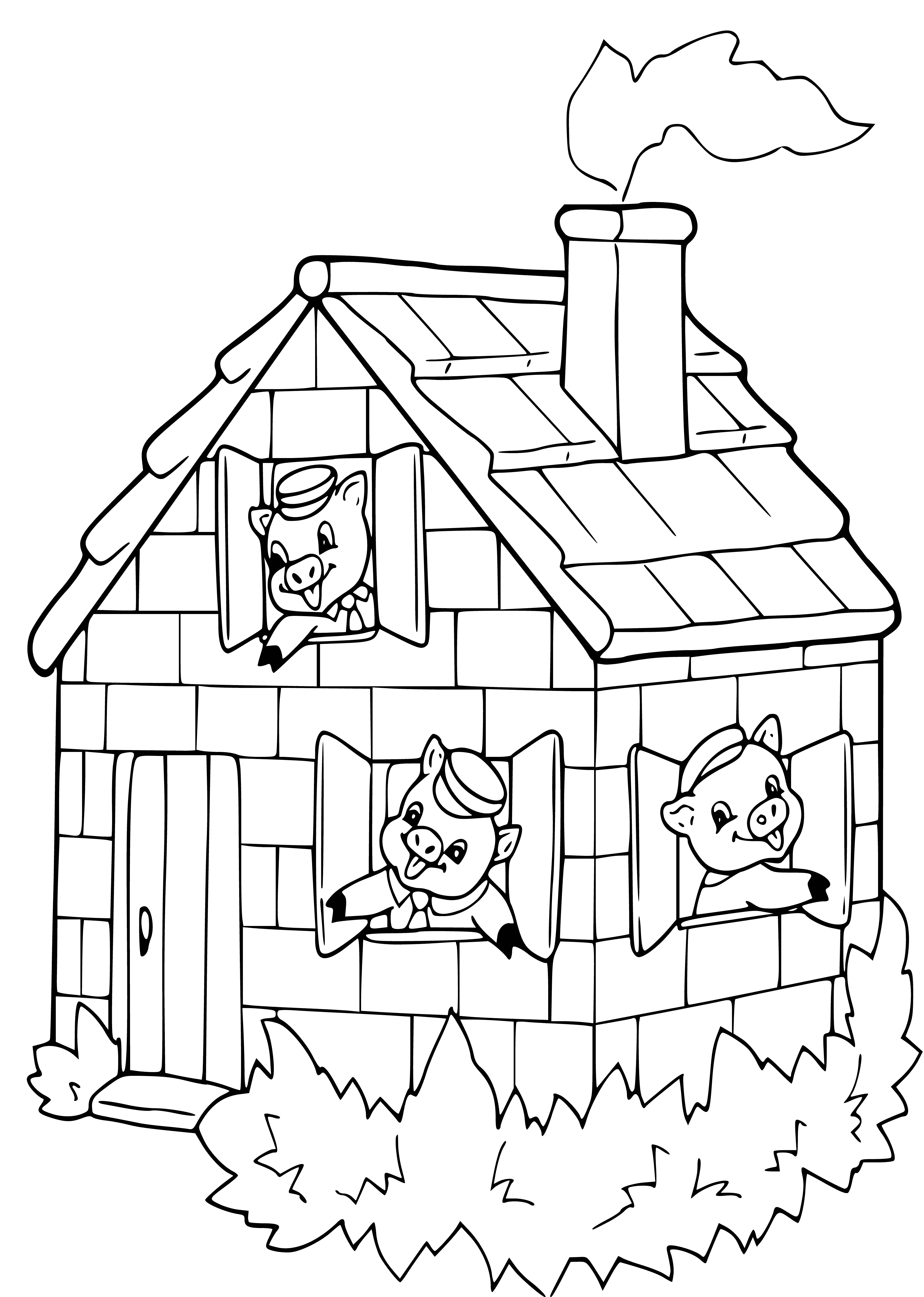 coloring page: 3 pigs build houses: straw, sticks & bricks. Wolf huffs & puffs, but 3rd house too strong. Pigs safe!