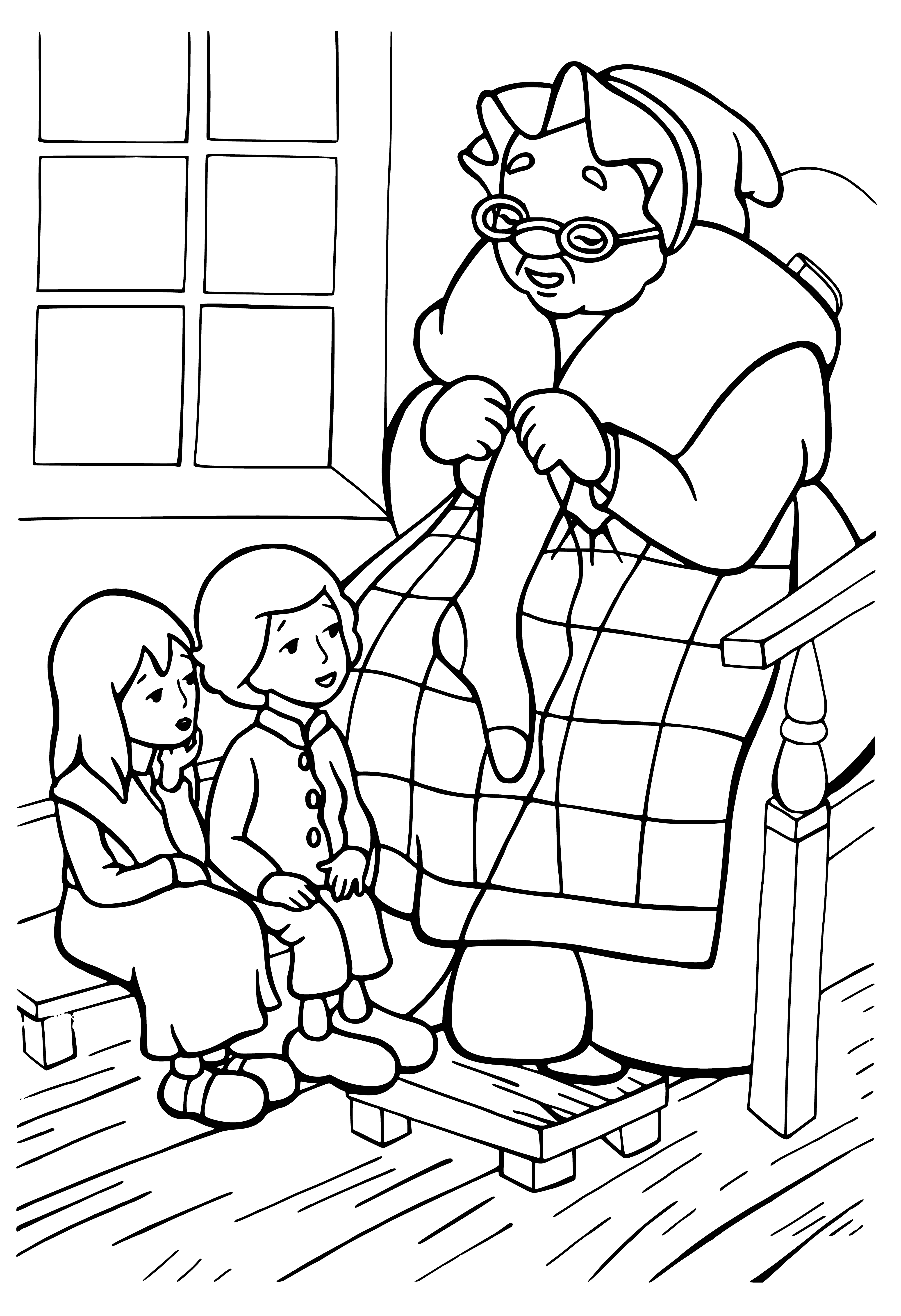 coloring page: Kai & Gerda stand sadly by a window, arms crossed & hands clasped, a white rabbit beside them. #TheSnowQueen