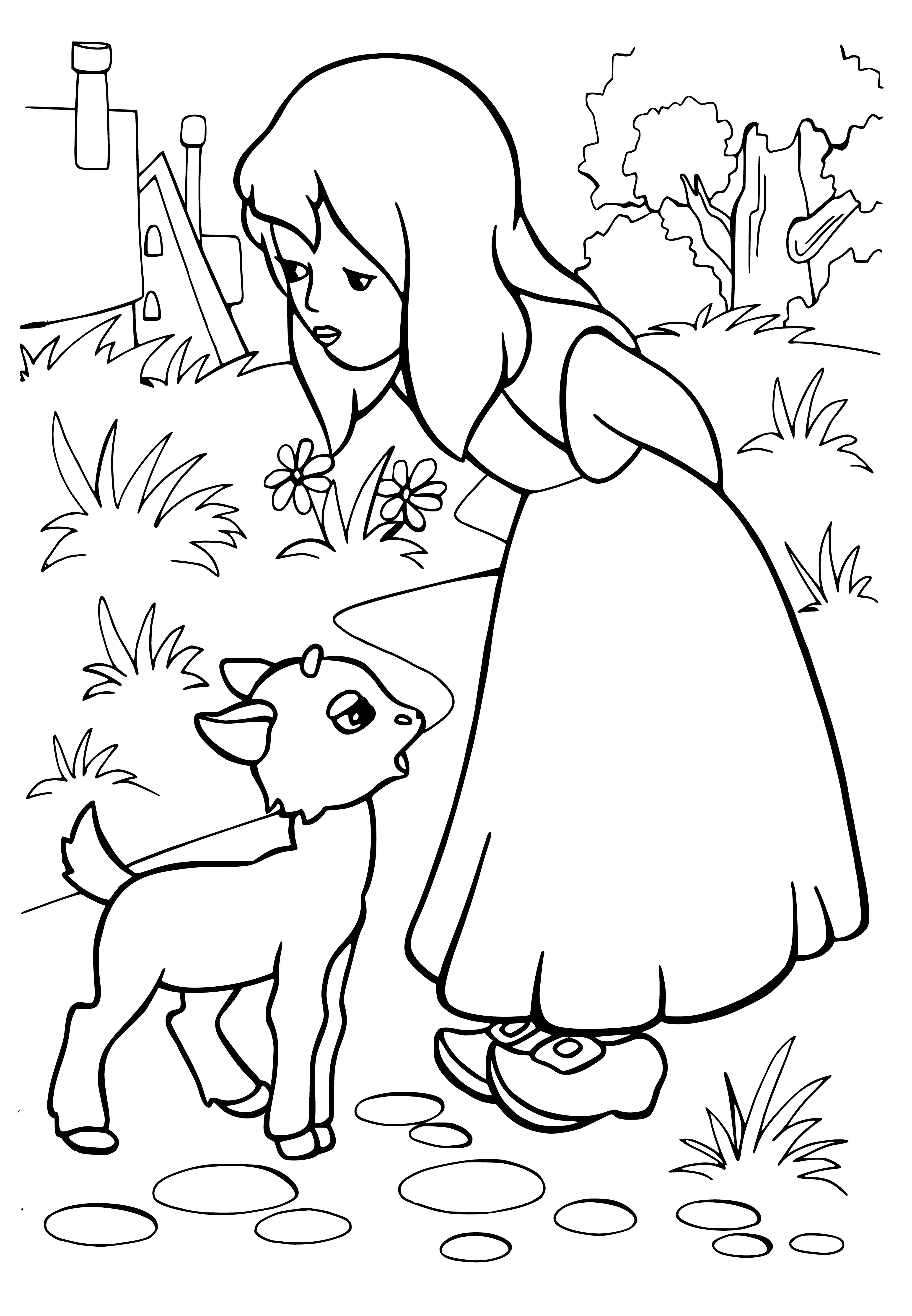 coloring page: Young girl in light blue dress and red scarf stands in snow, gazing up at snowflake-filled sky.