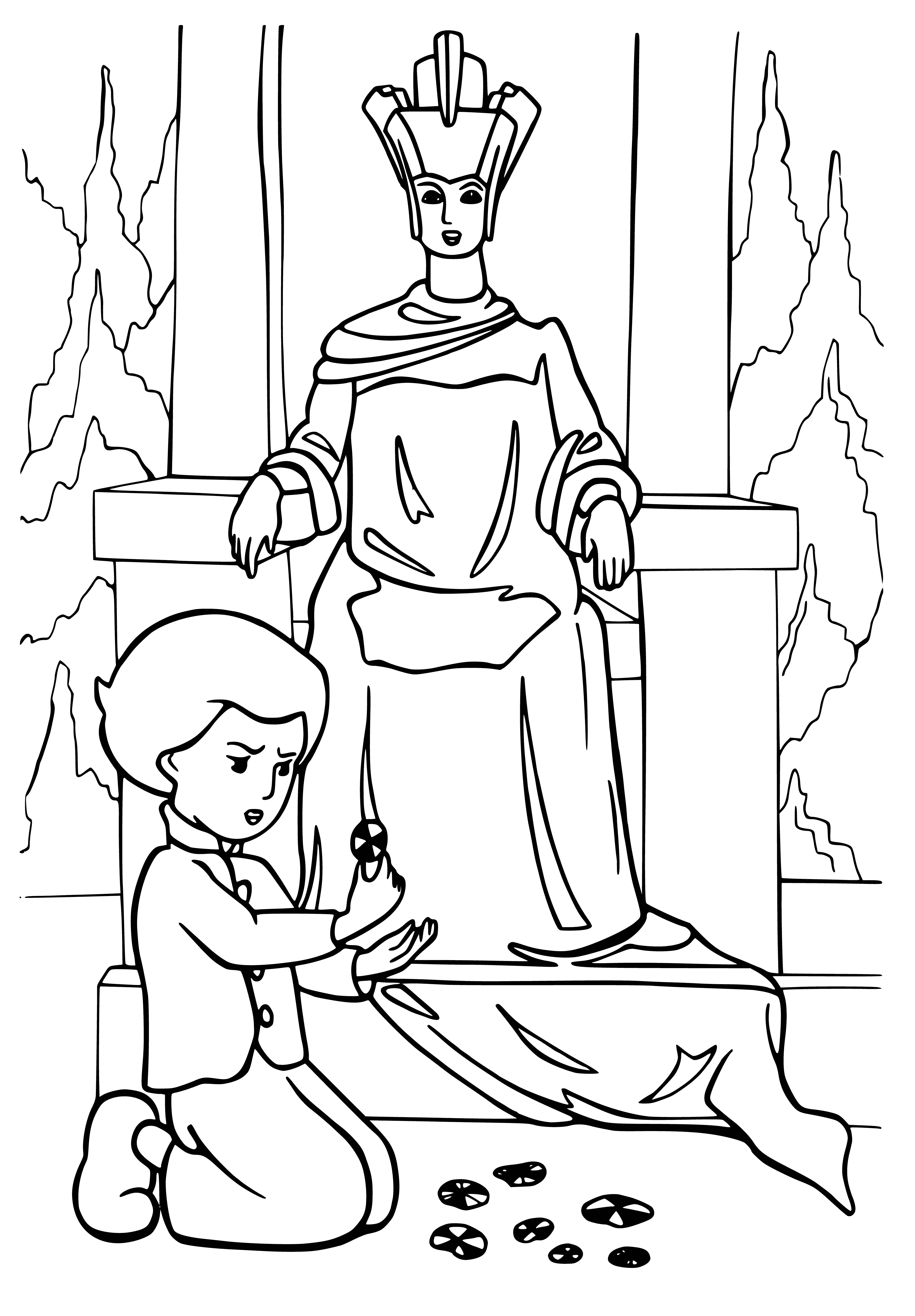 coloring page: Kai meets the Snow Queen at her castle, both smile happily.