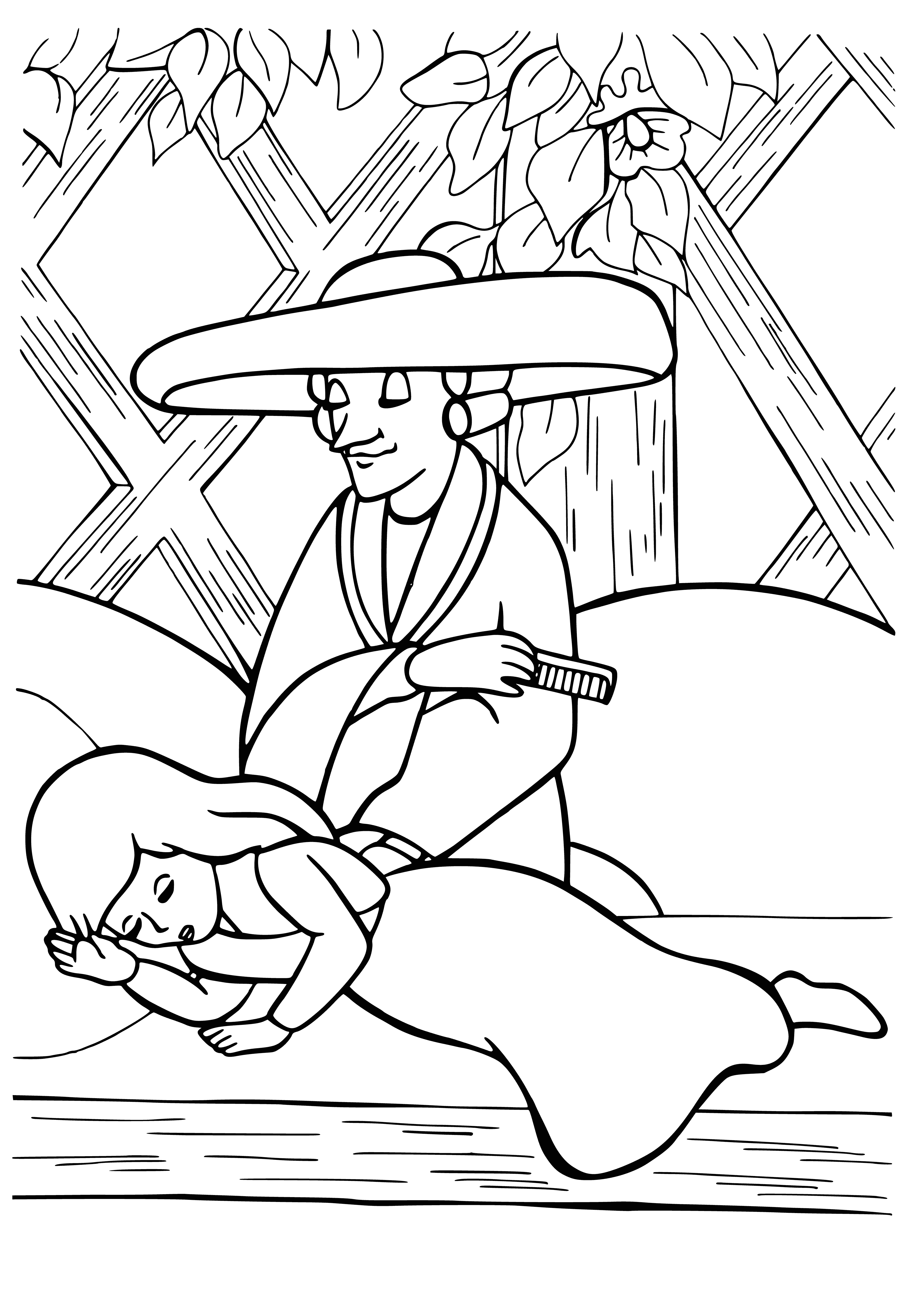 coloring page: Old lady happily waves wand, creating flurry of snowflakes; eyes twinkle, smile on face, enjoying herself immensely.