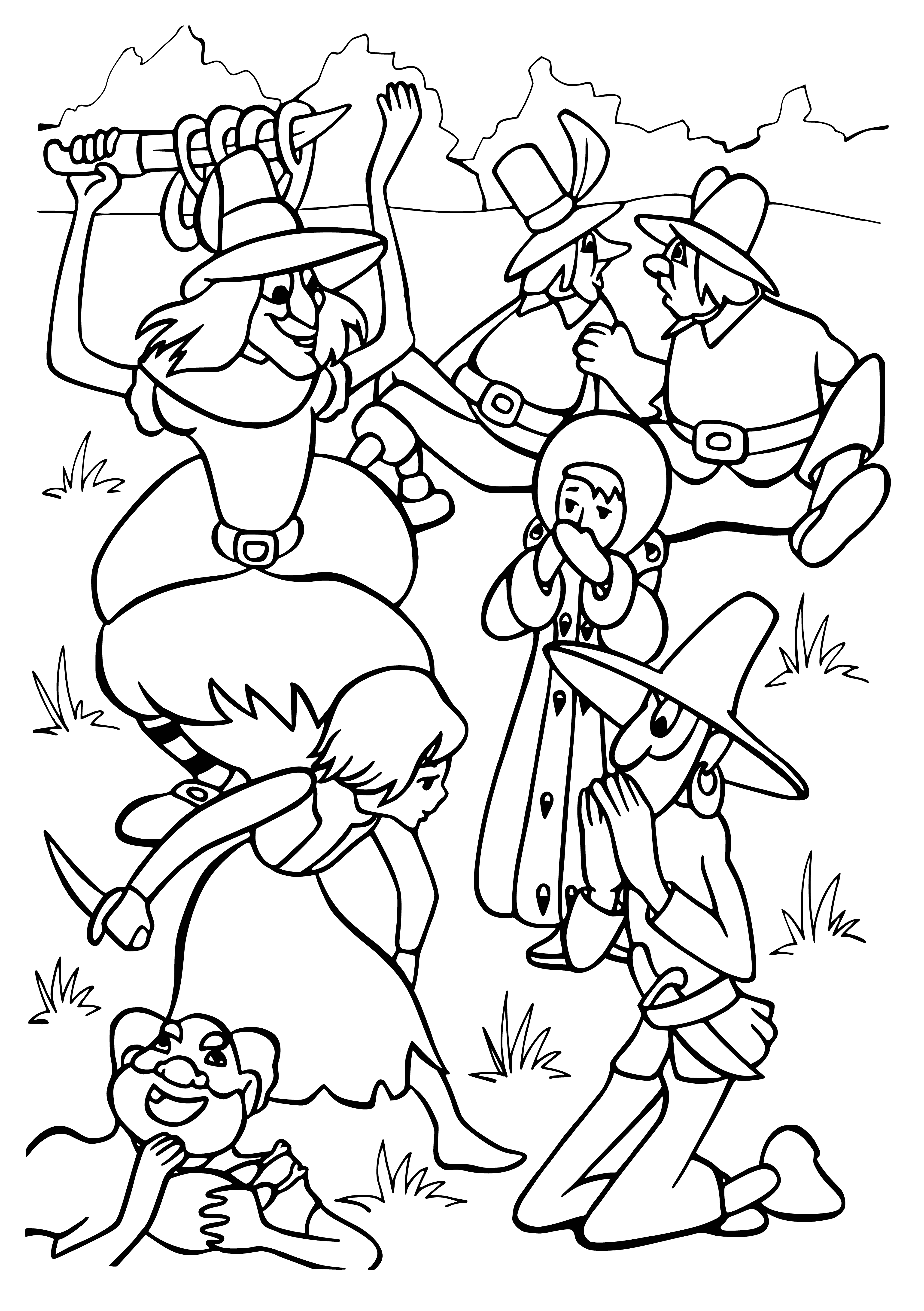 coloring page: 5 robbers (4 men, 1 women) w/ guns, money & a baby outside a large stone building.