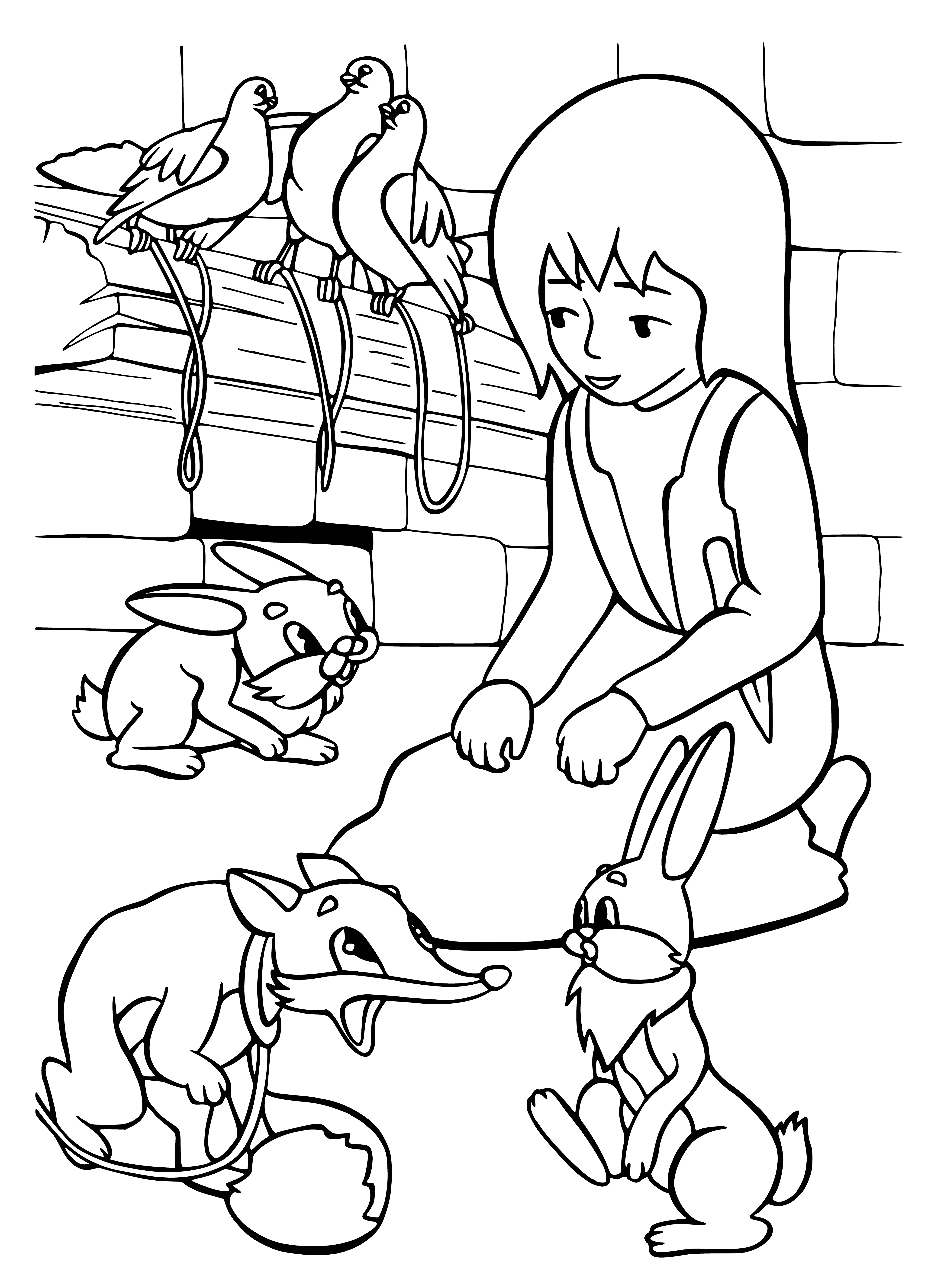 coloring page: Girl stands in front of large door, amazed by glass case of delicate animal figurines. She looks excited, ready for what's inside.